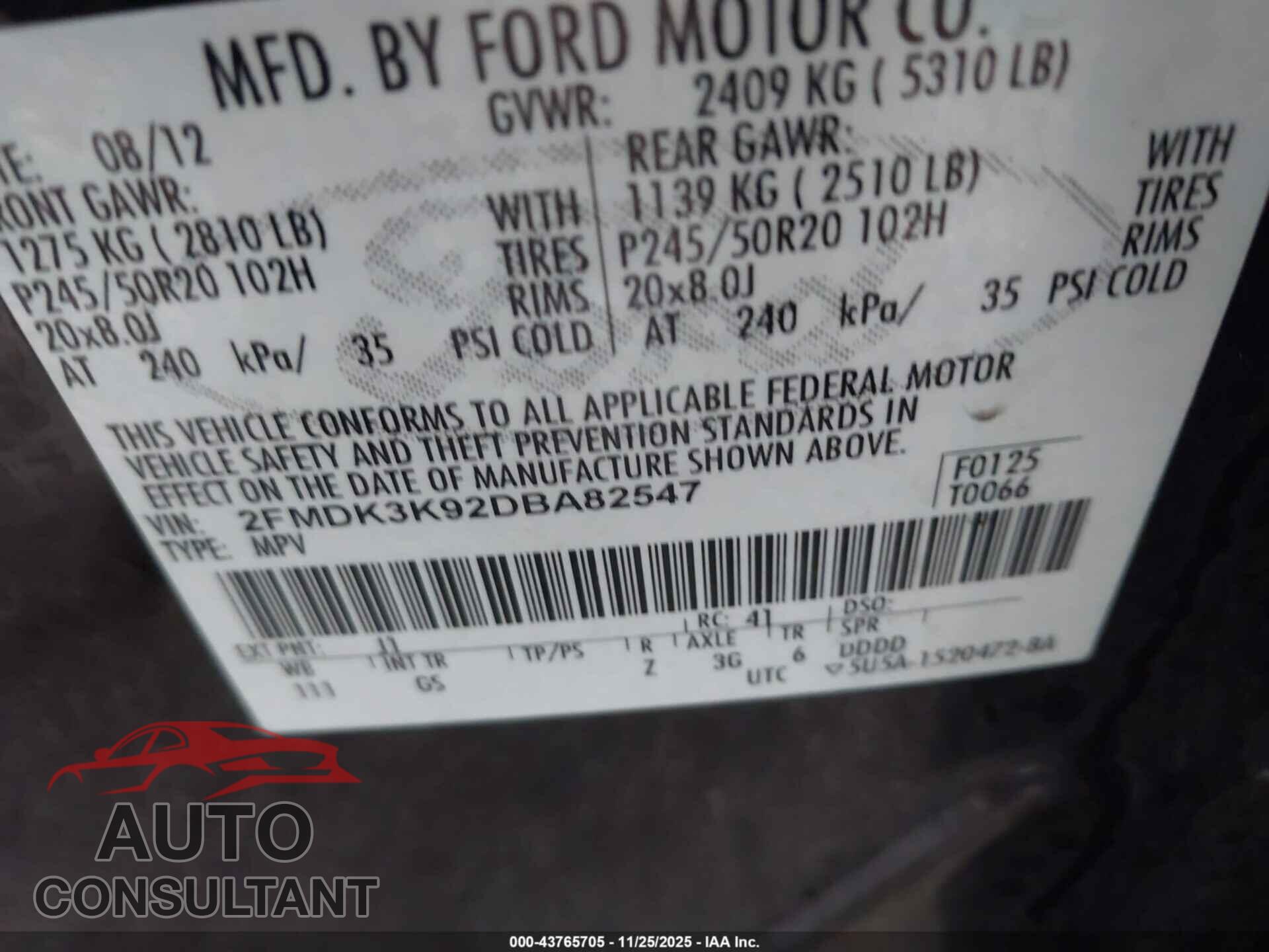 FORD EDGE 2013 - 2FMDK3K92DBA82547