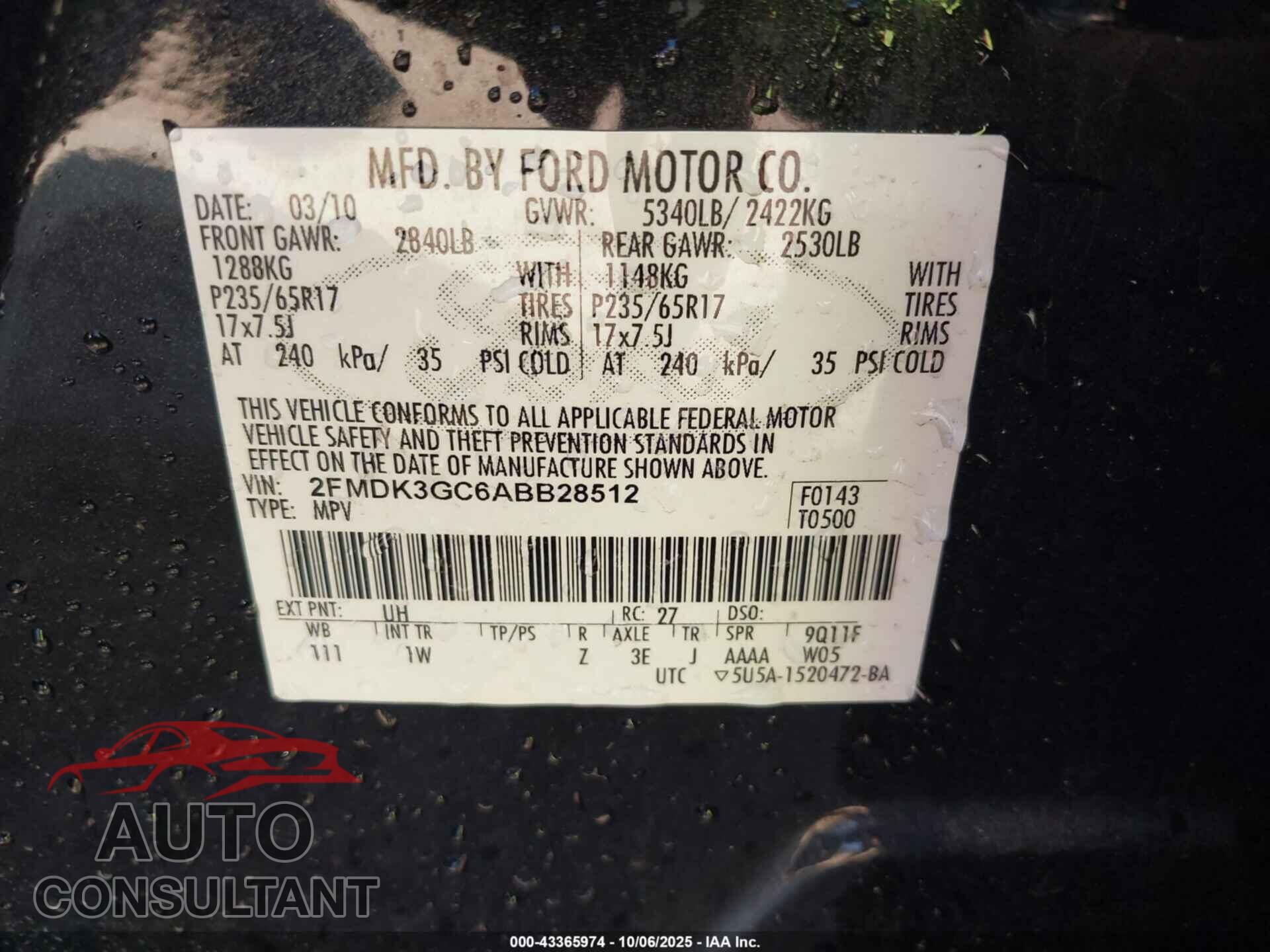 FORD EDGE 2010 - 2FMDK3GC6ABB28512