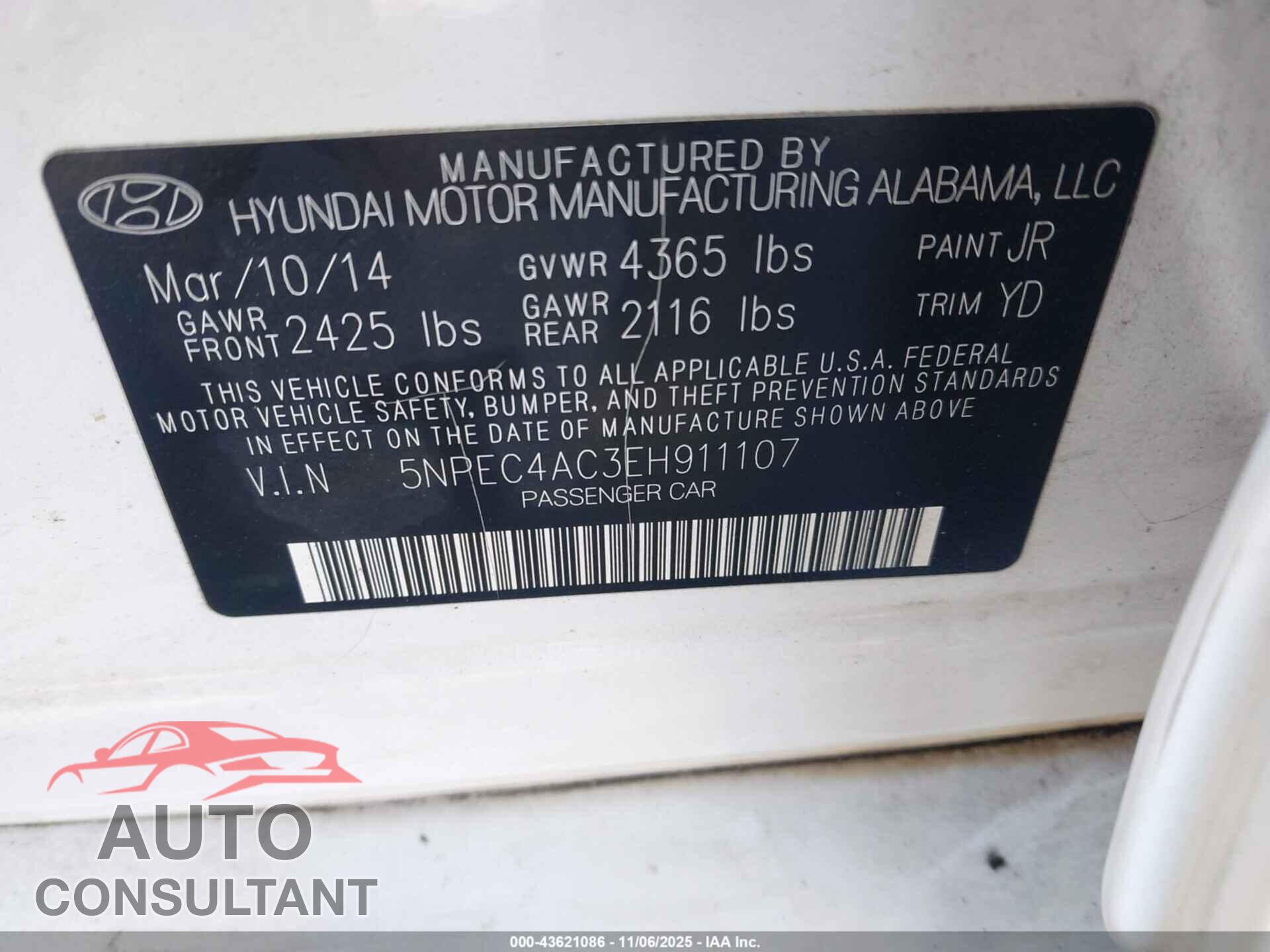 HYUNDAI SONATA 2014 - 5NPEC4AC3EH911107