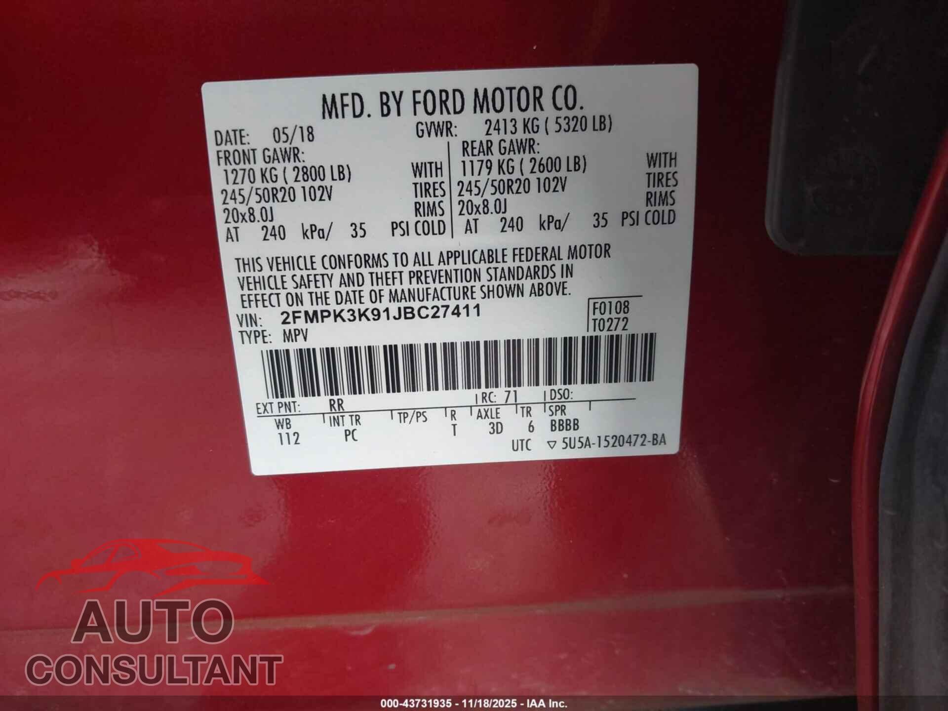 FORD EDGE 2018 - 2FMPK3K91JBC27411