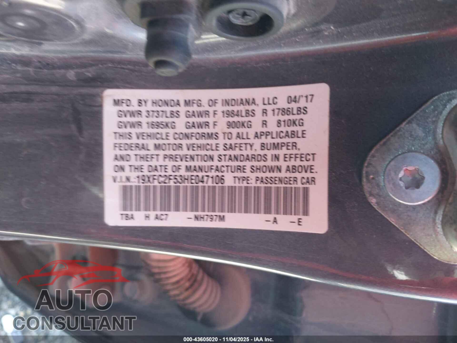 HONDA CIVIC 2017 - 19XFC2F53HE047106