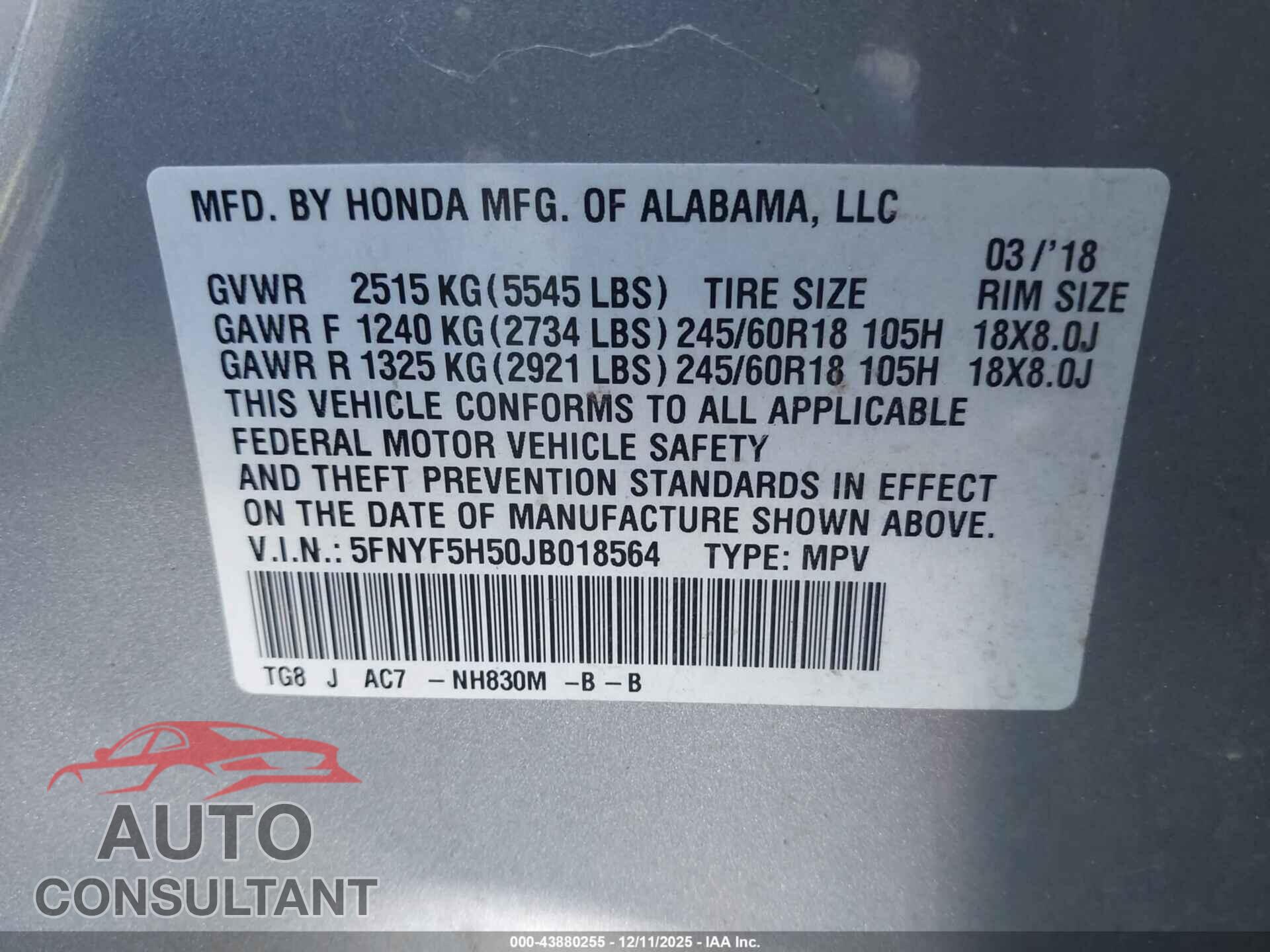 HONDA PILOT 2018 - 5FNYF5H50JB018564