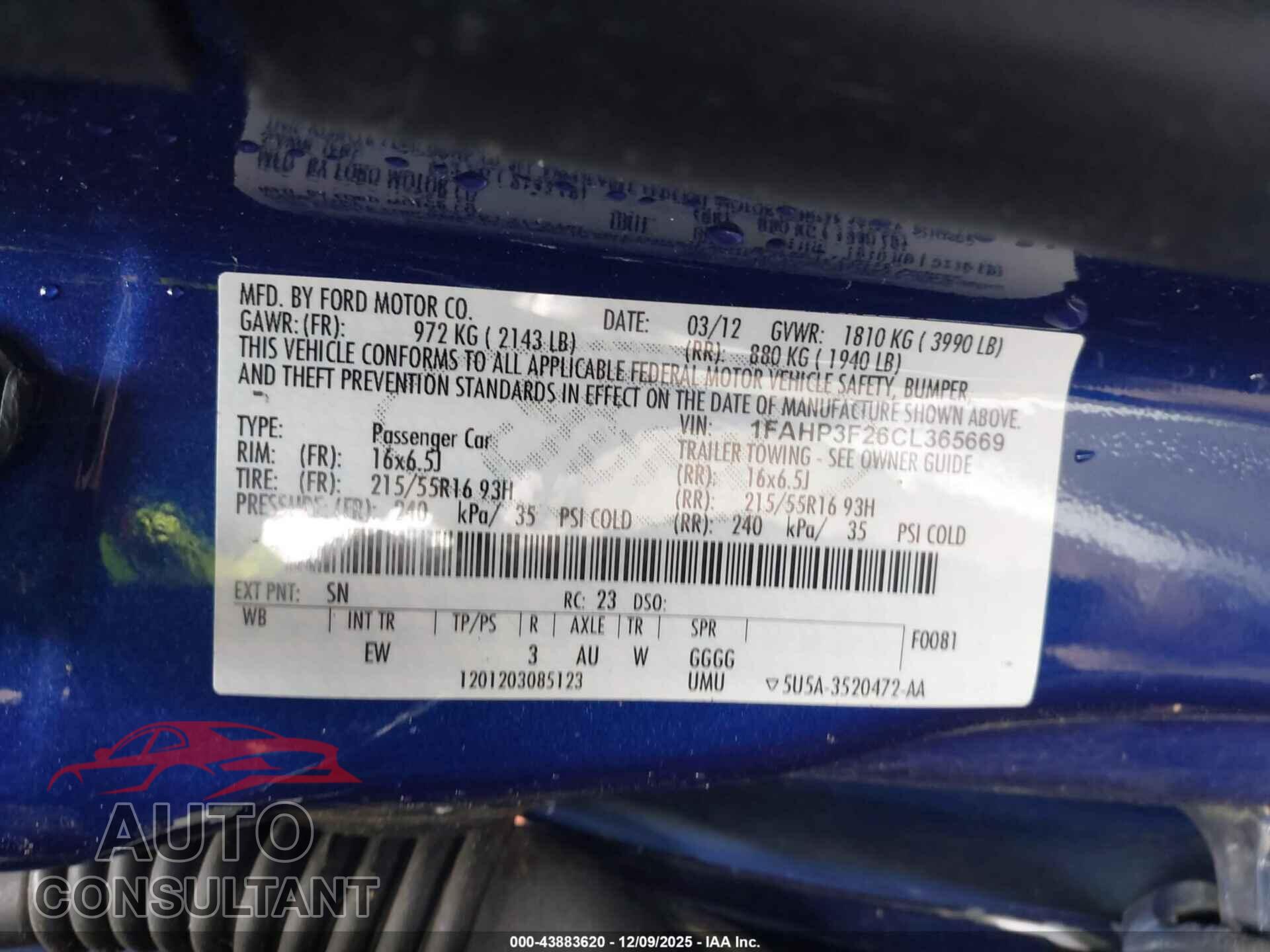 FORD FOCUS 2012 - 1FAHP3F26CL365669