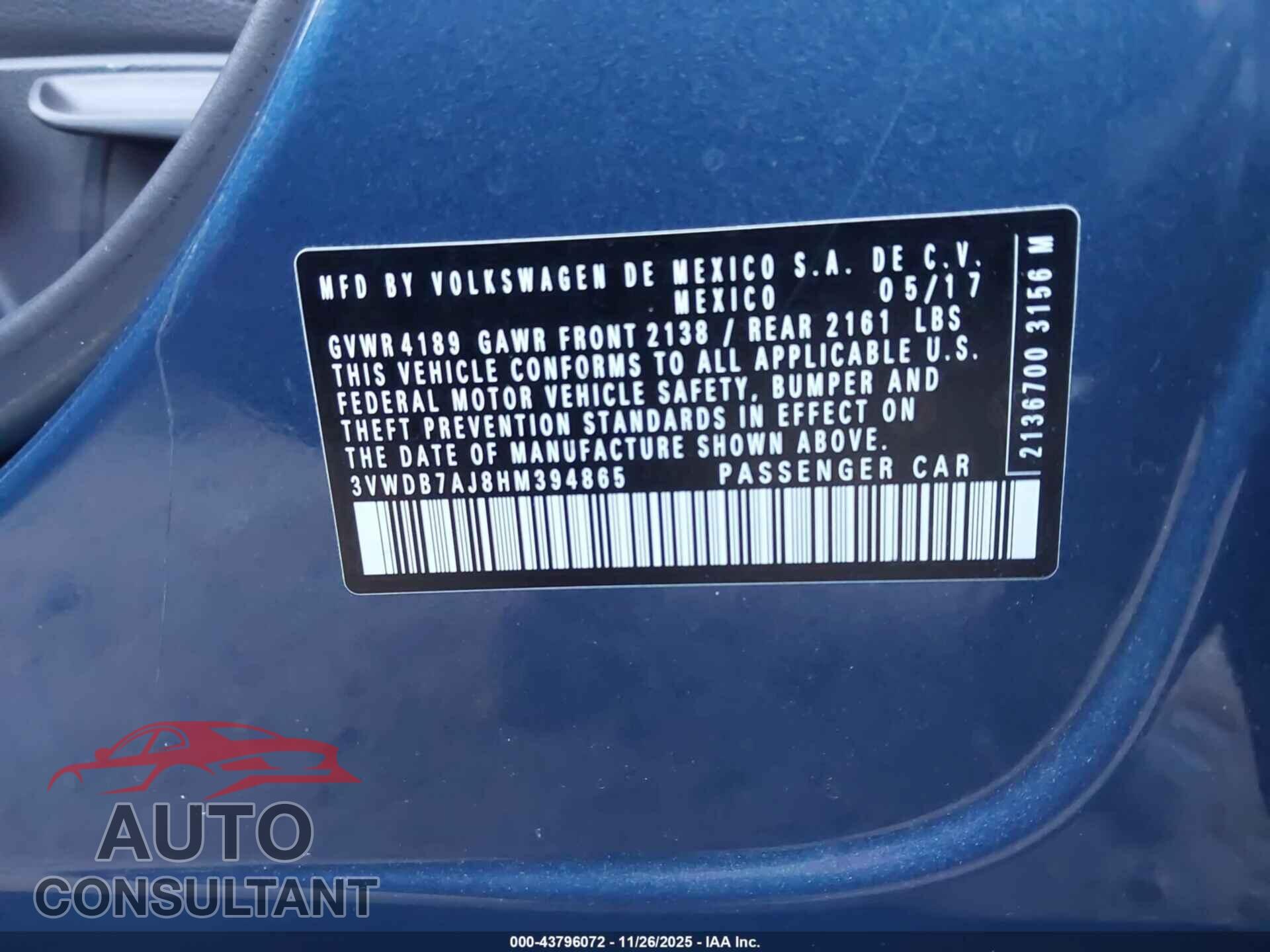 VOLKSWAGEN JETTA 2017 - 3VWDB7AJ8HM394865