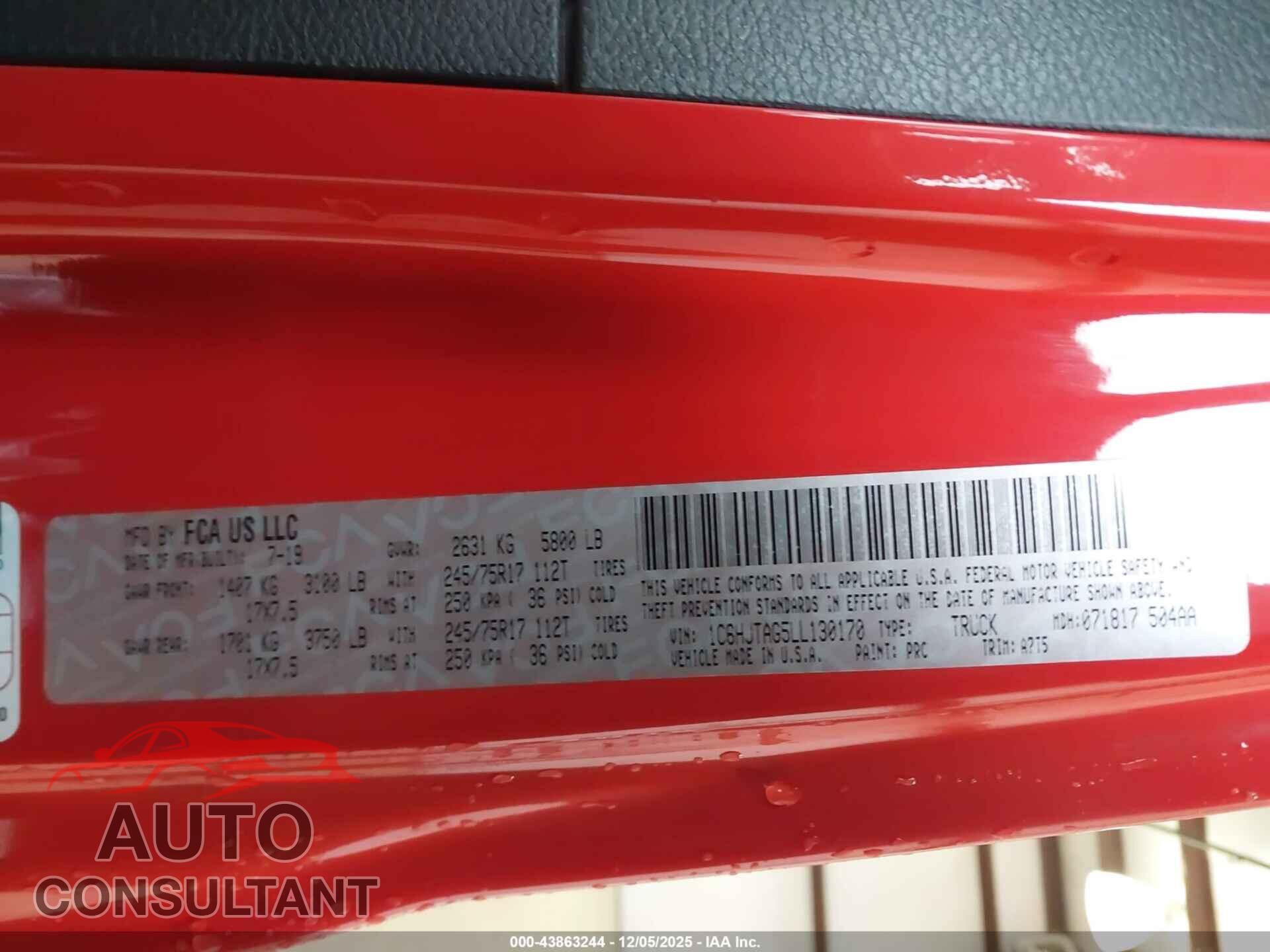 JEEP GLADIATOR 2020 - 1C6HJTAG5LL130170