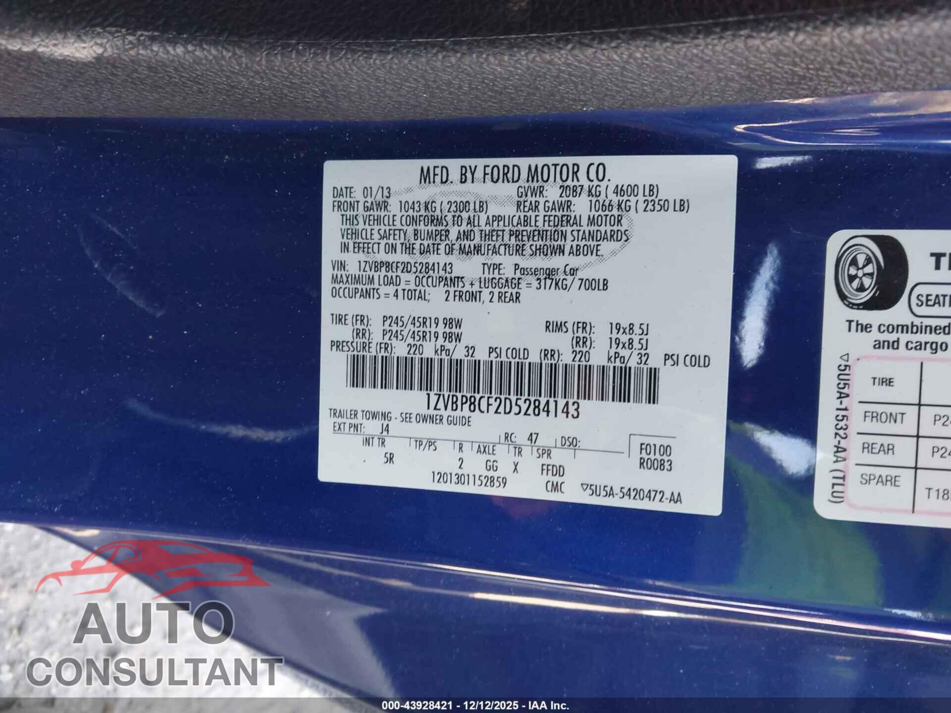 FORD MUSTANG 2013 - 1ZVBP8CF2D5284143