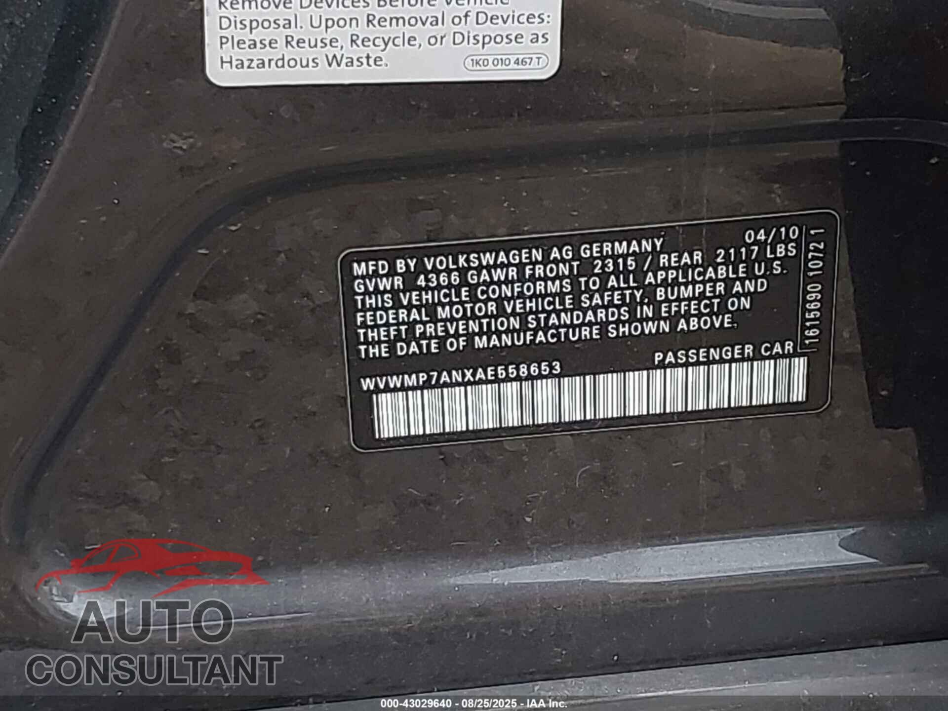 VOLKSWAGEN CC 2010 - WVWMP7ANXAE558653