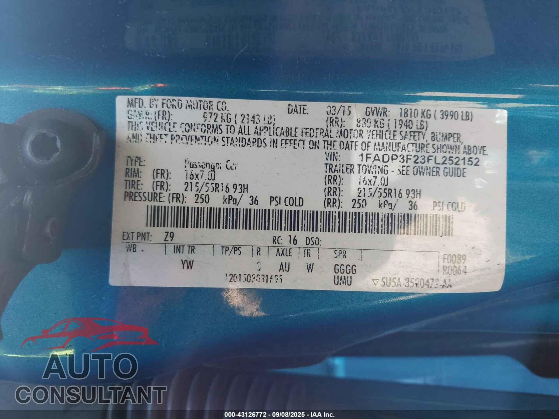 FORD FOCUS 2015 - 1FADP3F23FL252152