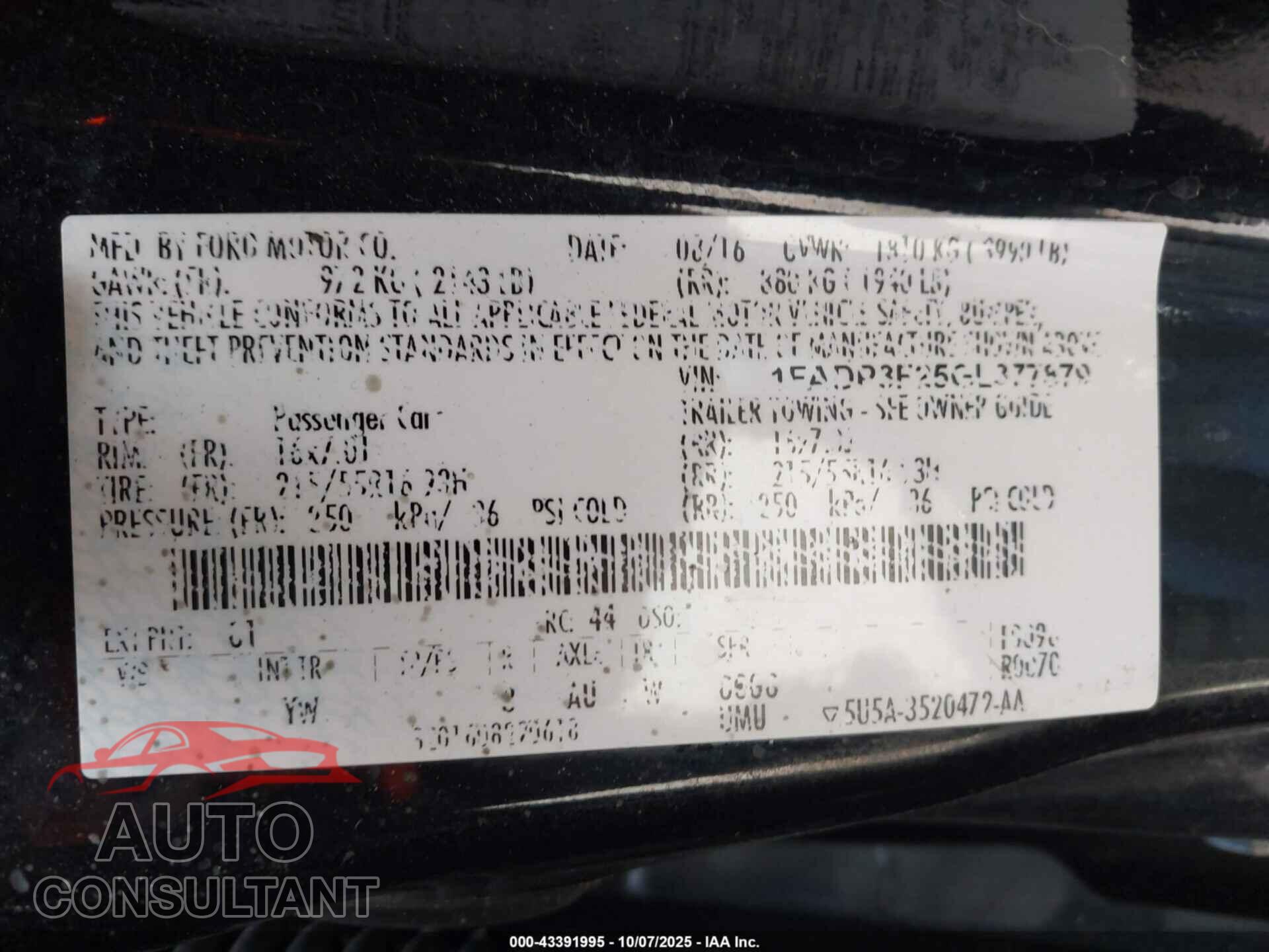FORD FOCUS 2016 - 1FADP3F25GL377879
