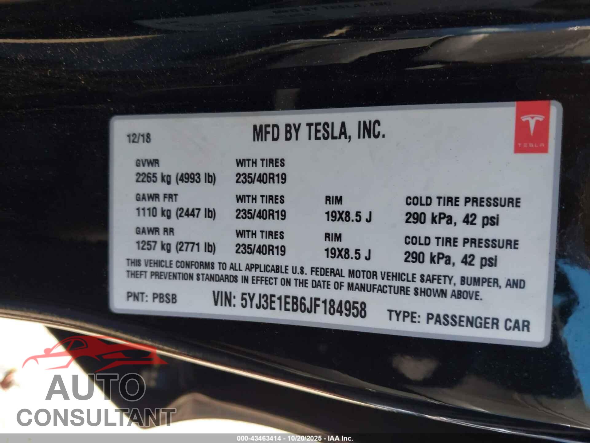 TESLA MODEL 3 2018 - 5YJ3E1EB6JF184958