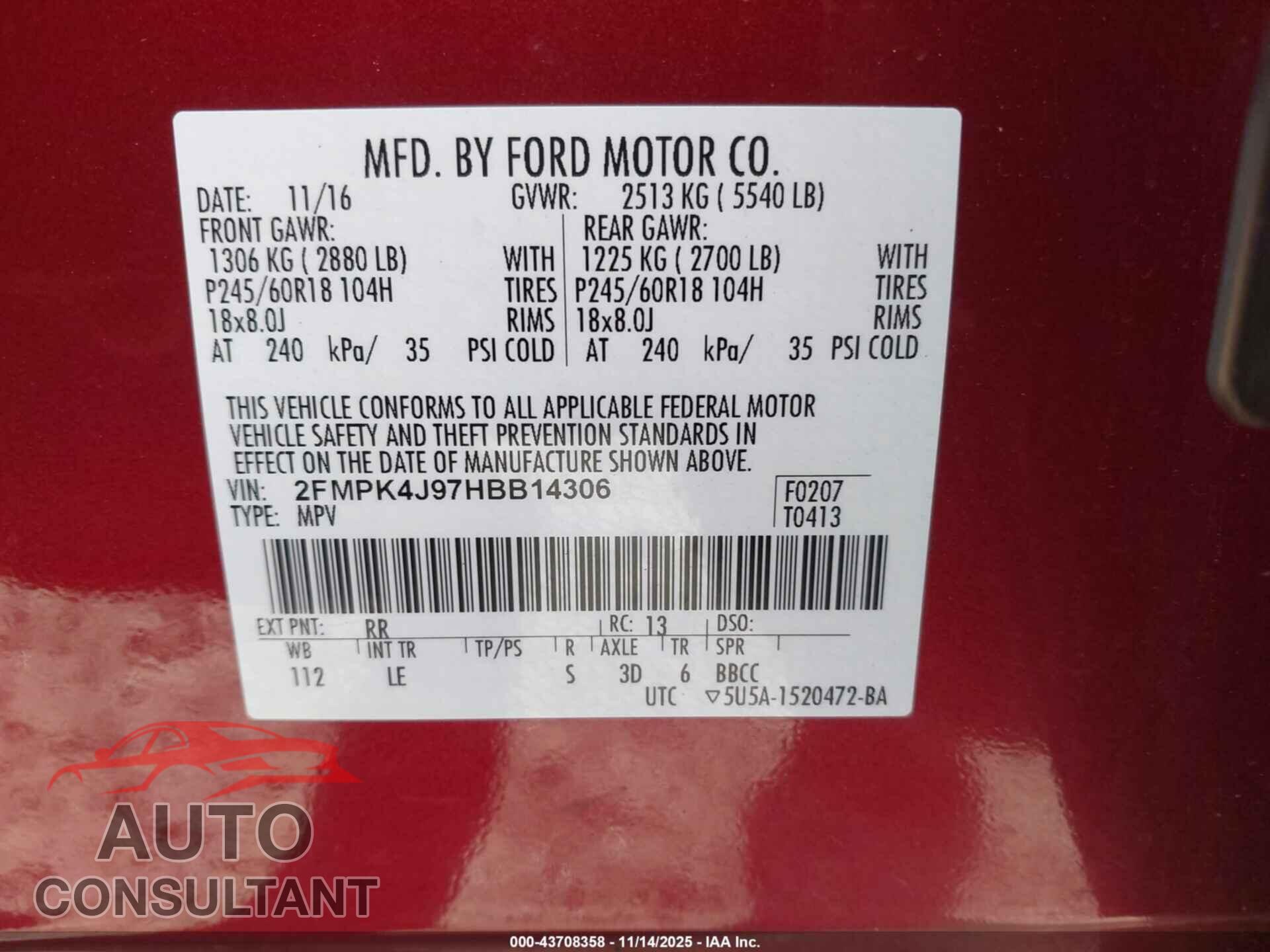 FORD EDGE 2017 - 2FMPK4J97HBB14306