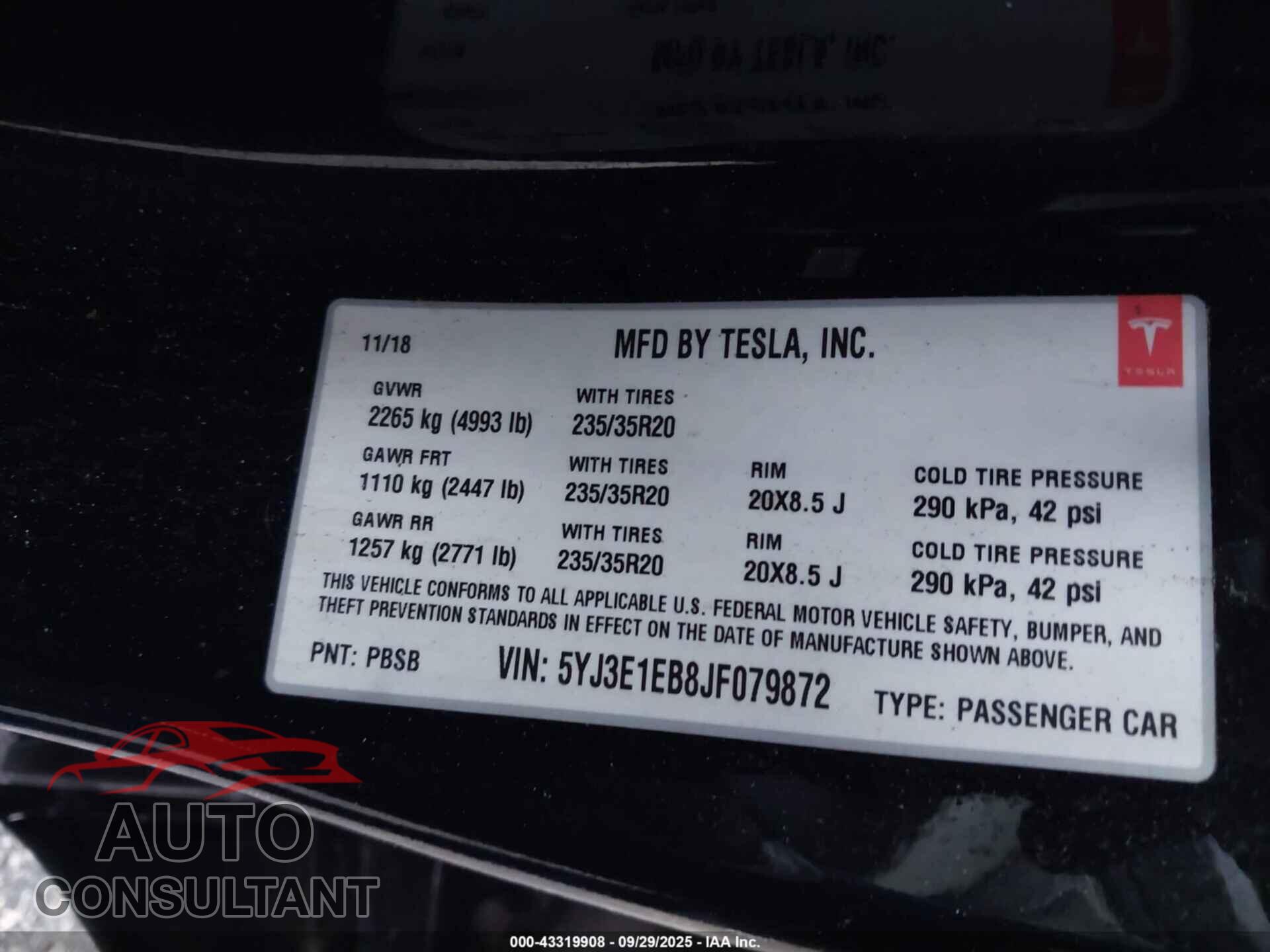TESLA MODEL 3 2018 - 5YJ3E1EB8JF079872