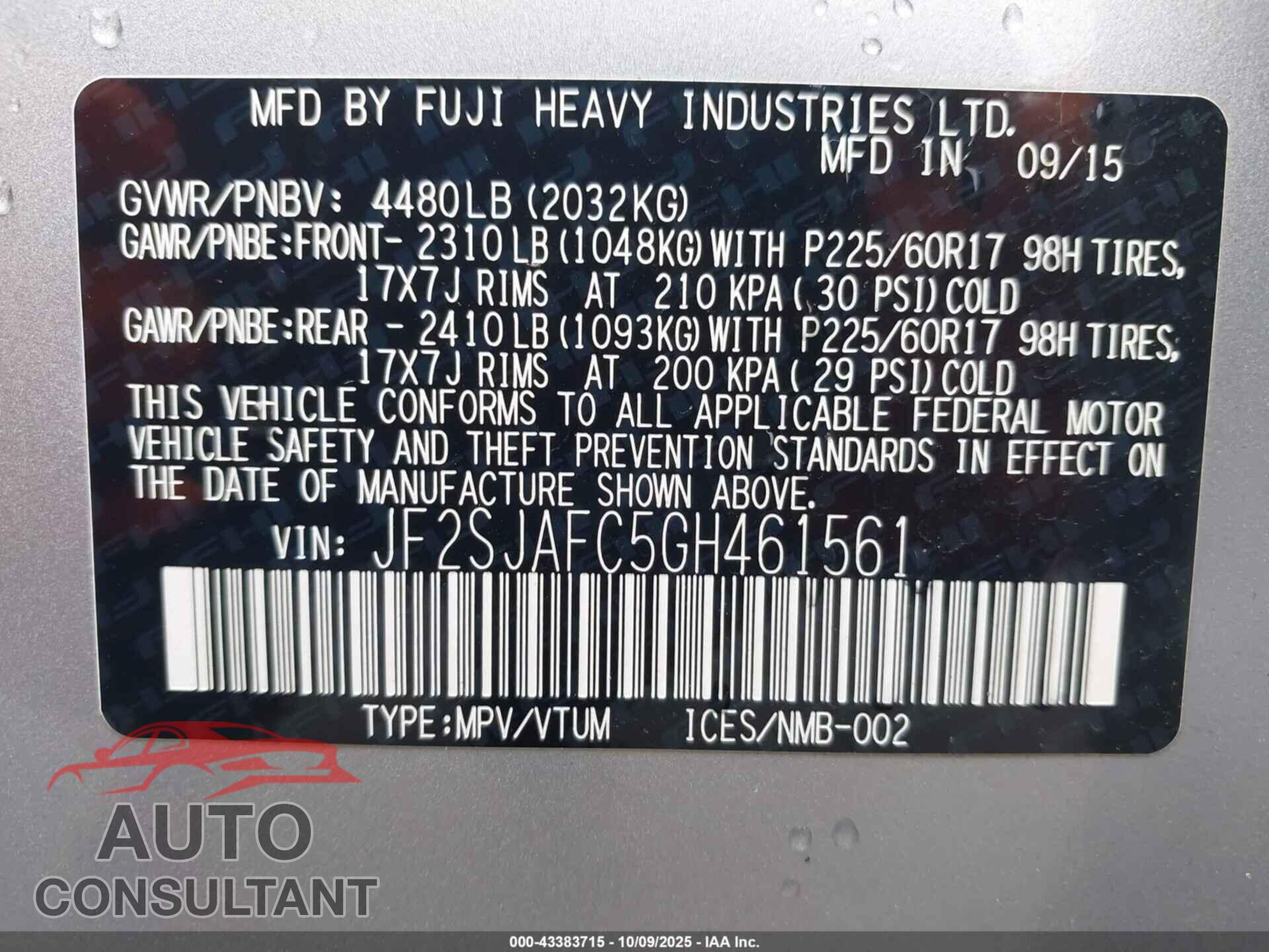 SUBARU FORESTER 2016 - JF2SJAFC5GH461561