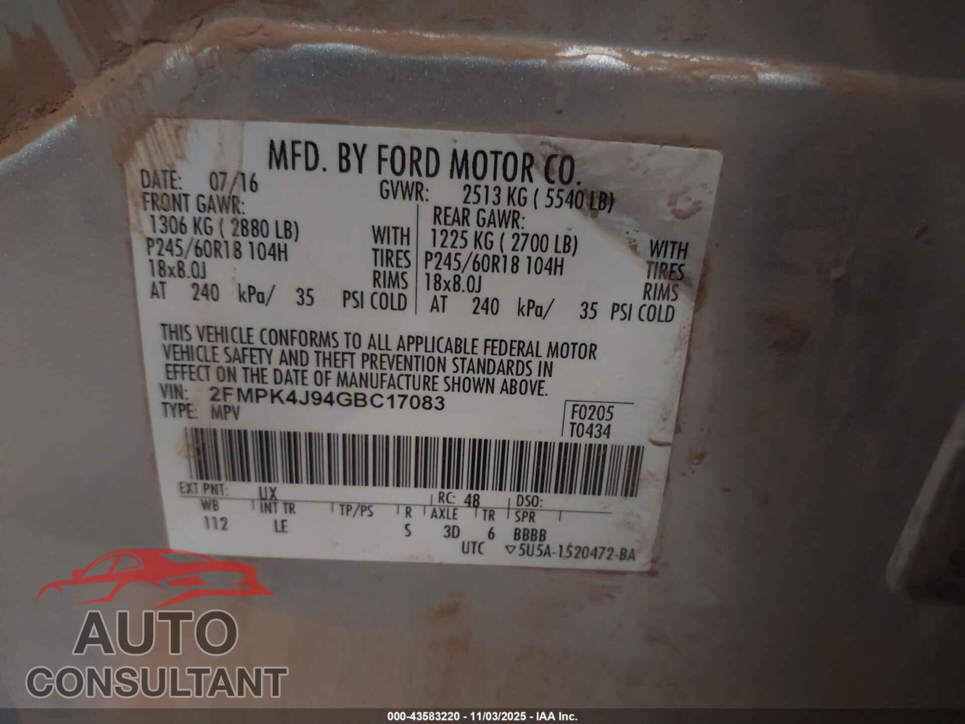 FORD EDGE 2016 - 2FMPK4J94GBC17083