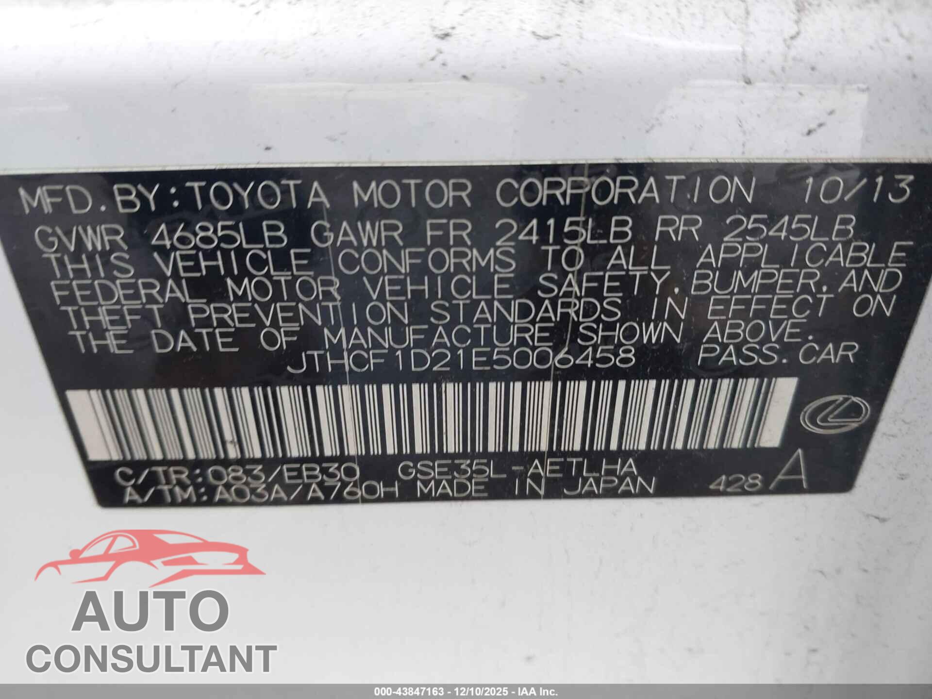 LEXUS IS 250 2014 - JTHCF1D21E5006458