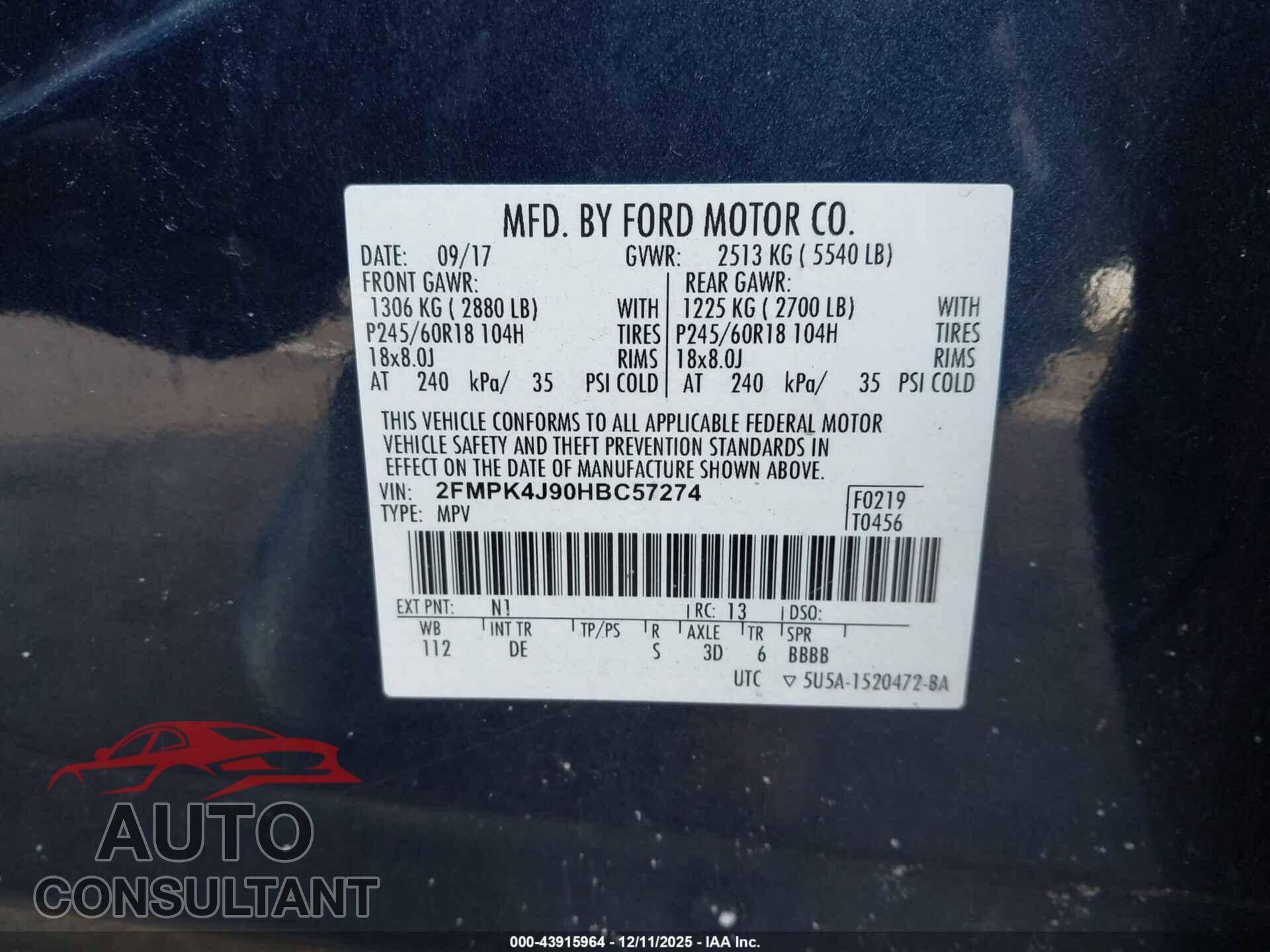 FORD EDGE 2017 - 2FMPK4J90HBC57274