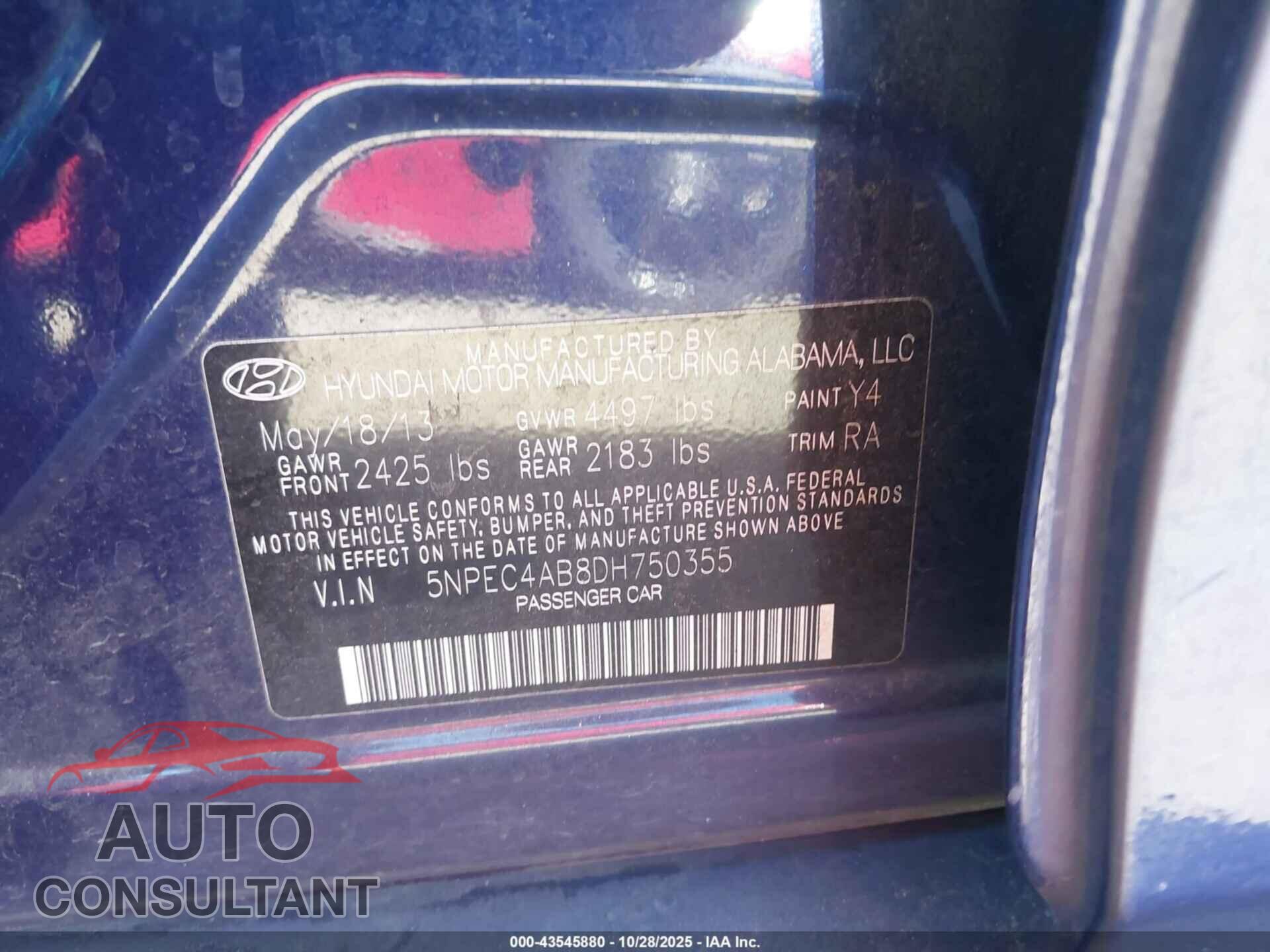 HYUNDAI SONATA 2013 - 5NPEC4AB8DH750355