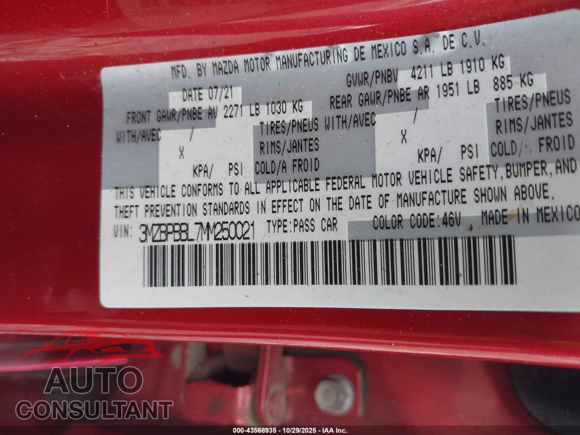 MAZDA MAZDA3 2021 - 3MZBPBBL7MM250021