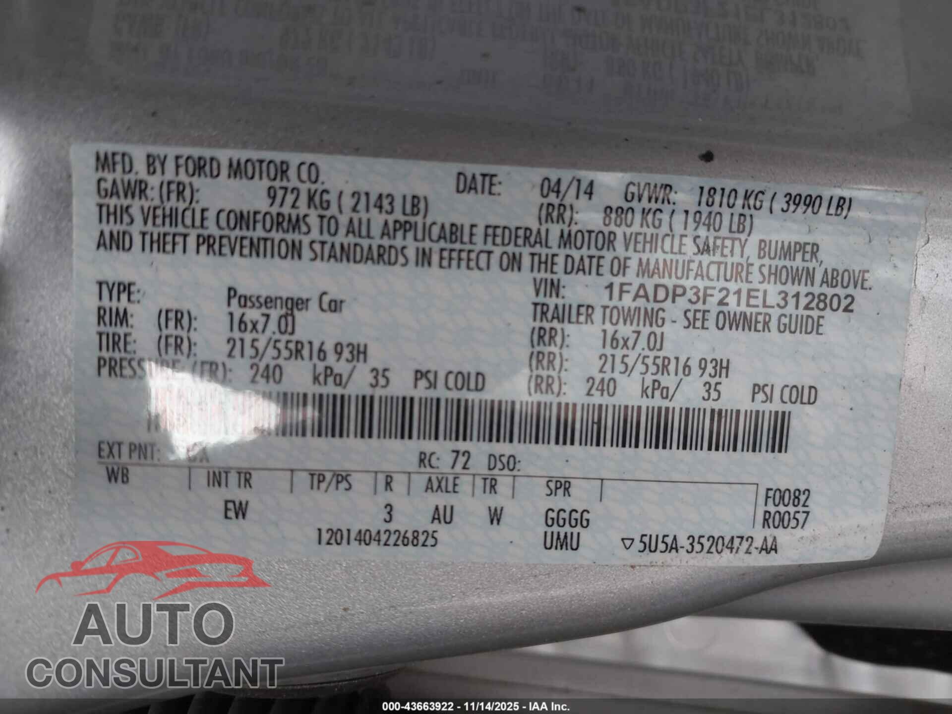 FORD FOCUS 2014 - 1FADP3F21EL312802