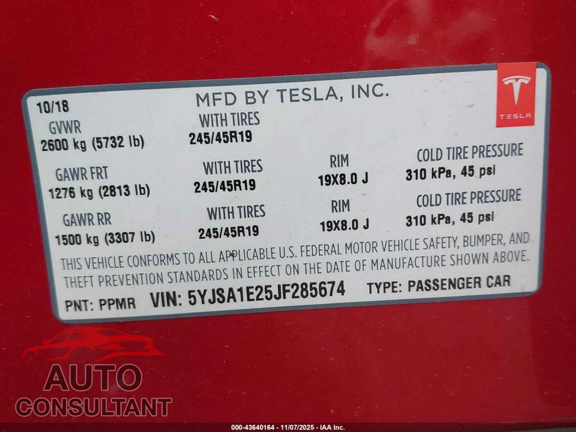 TESLA MODEL S 2018 - 5YJSA1E25JF285674