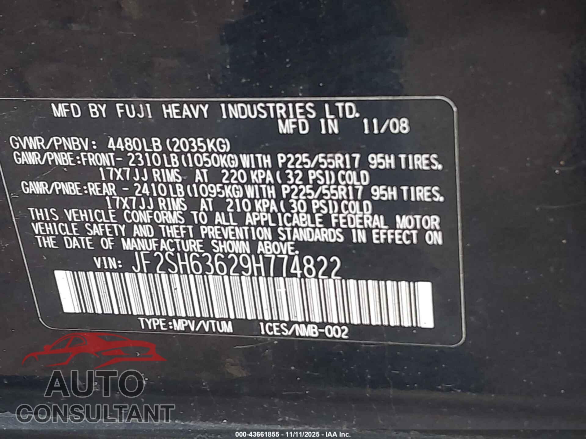 SUBARU FORESTER 2009 - JF2SH63629H774822