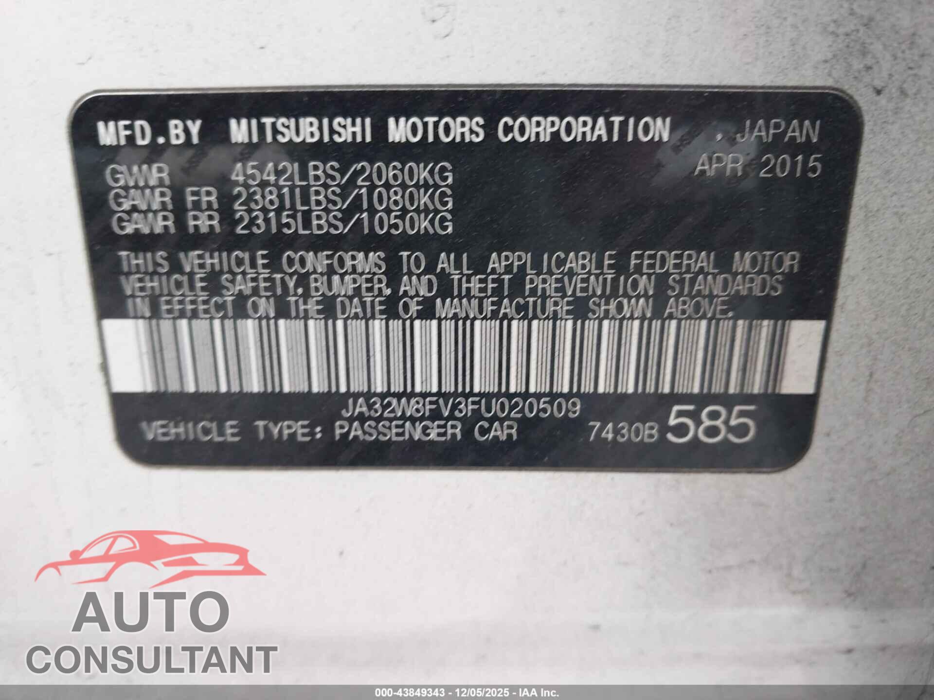 MITSUBISHI LANCER EVOLUTION 2015 - JA32W8FV3FU020509