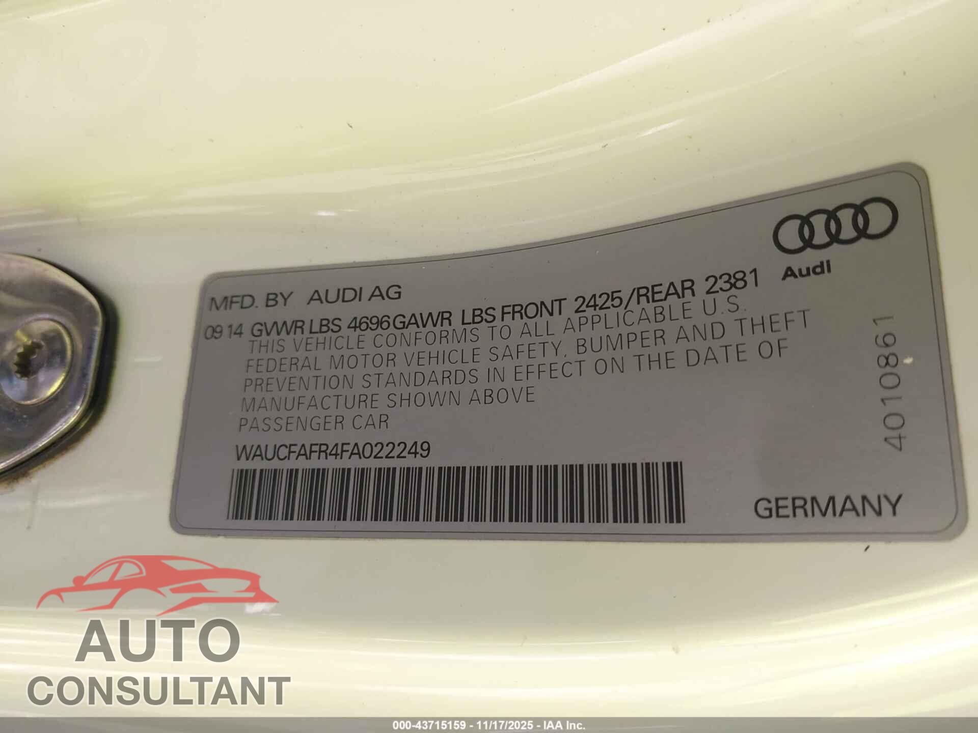 AUDI A5 2015 - WAUCFAFR4FA022249