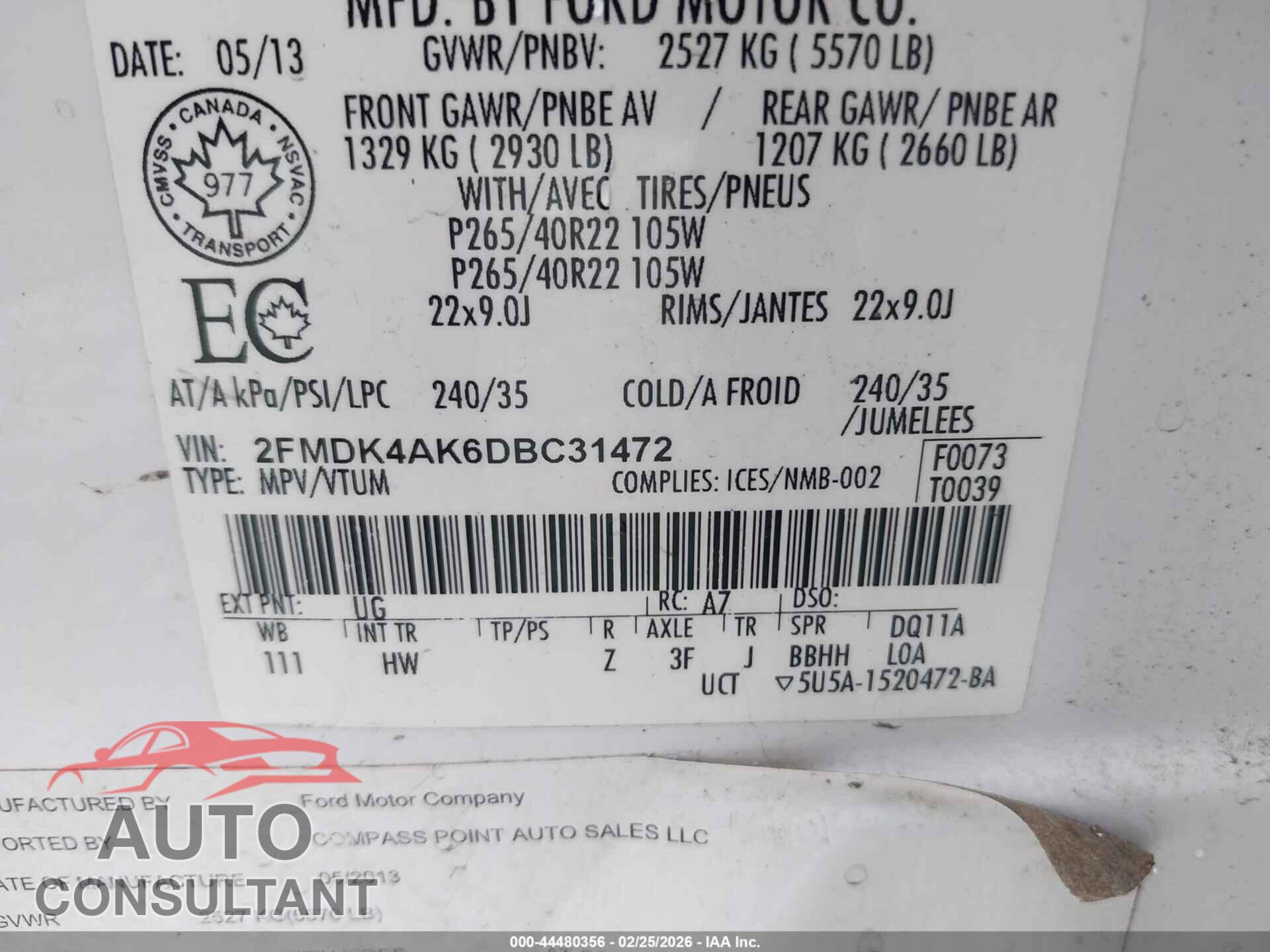 FORD EDGE 2013 - 2FMDK4AK6DBC31472