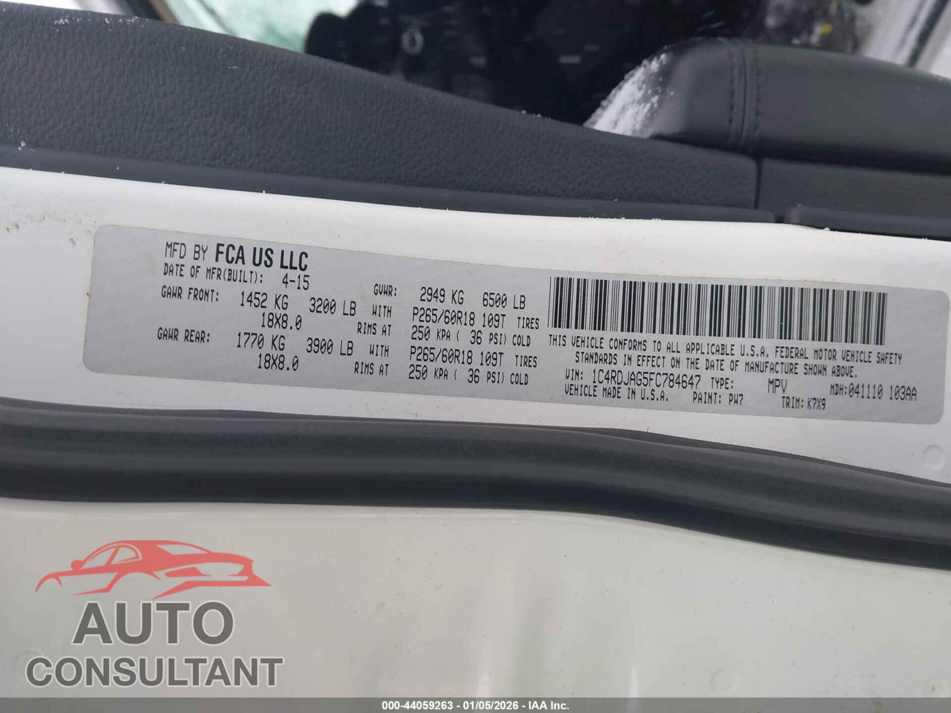 DODGE DURANGO 2015 - 1C4RDJAG5FC784647