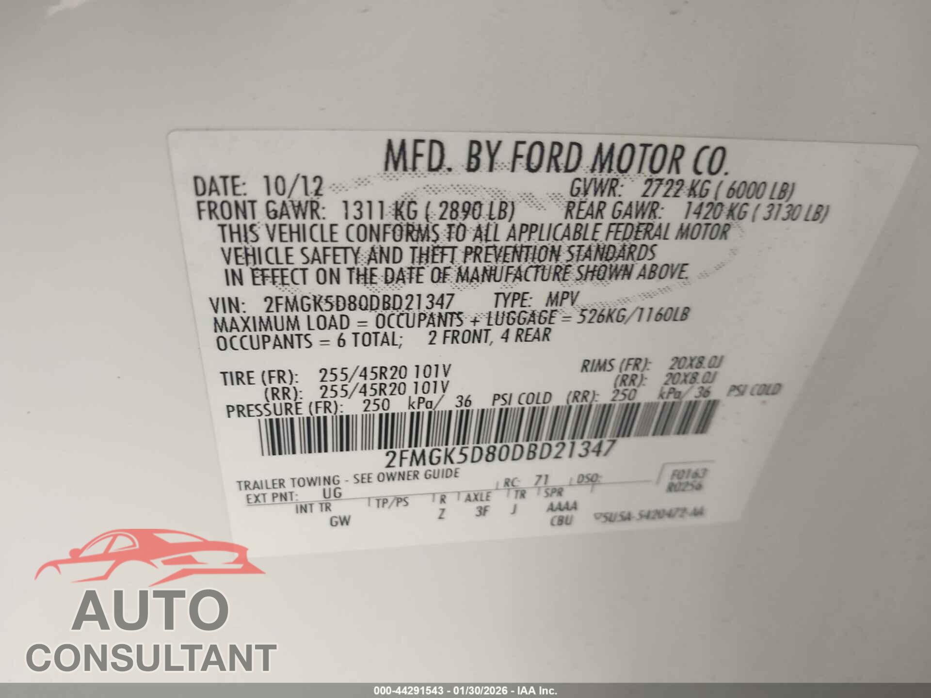 FORD FLEX 2013 - 2FMGK5D80DBD21347
