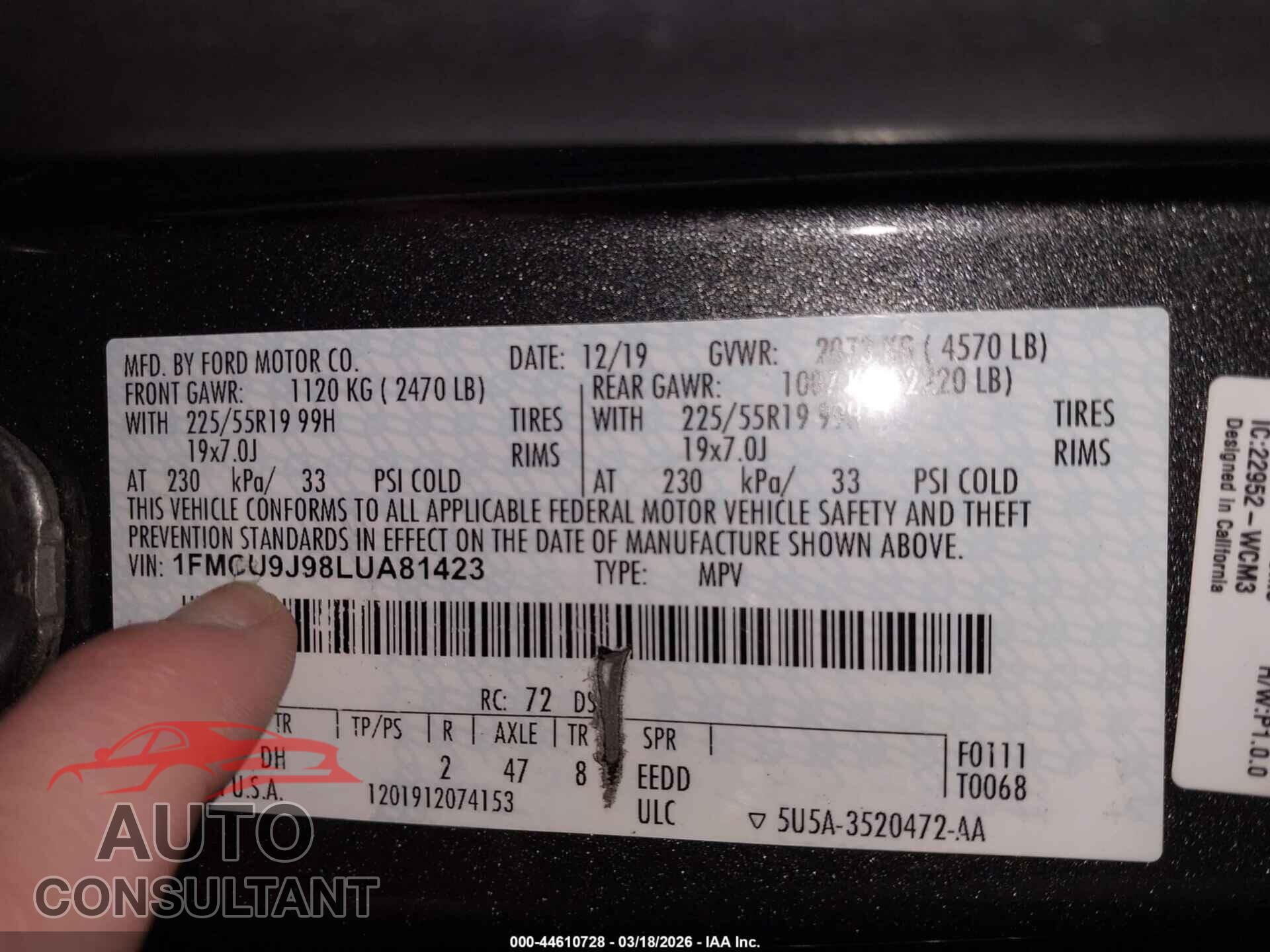 FORD ESCAPE 2020 - 1FMCU9J98LUA81423