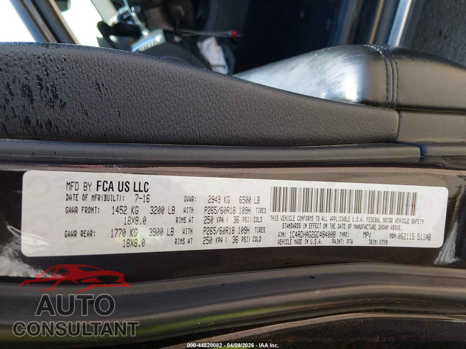 DODGE DURANGO 2016 - 1C4RDHAG2GC484008