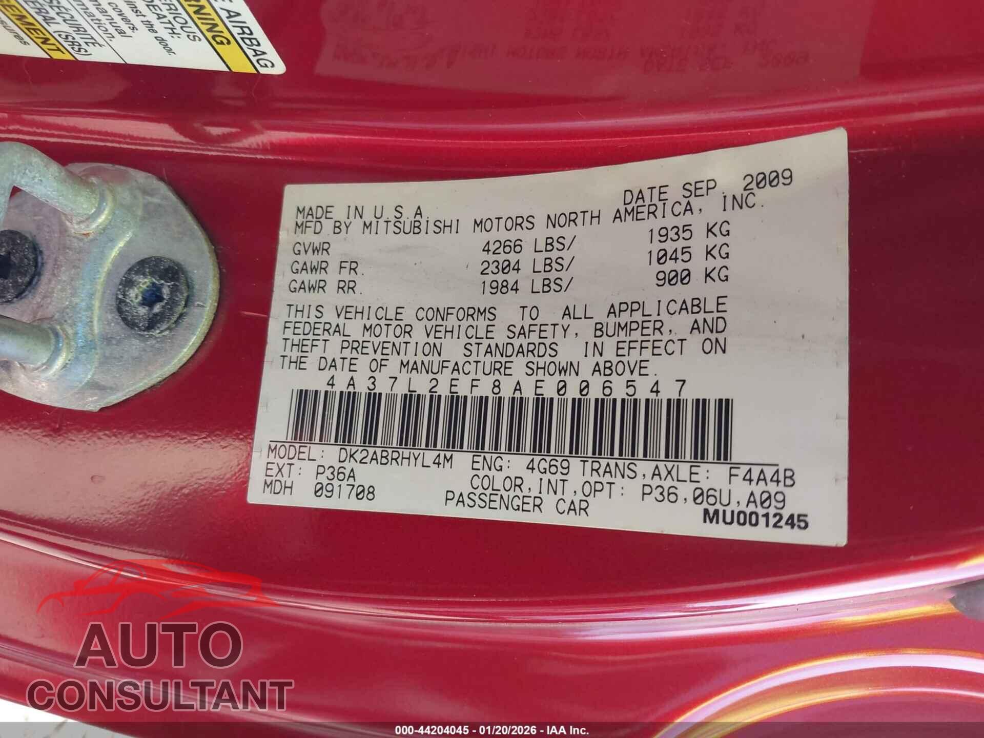MITSUBISHI ECLIPSE SPYDER 2010 - 4A37L2EF8AE006547