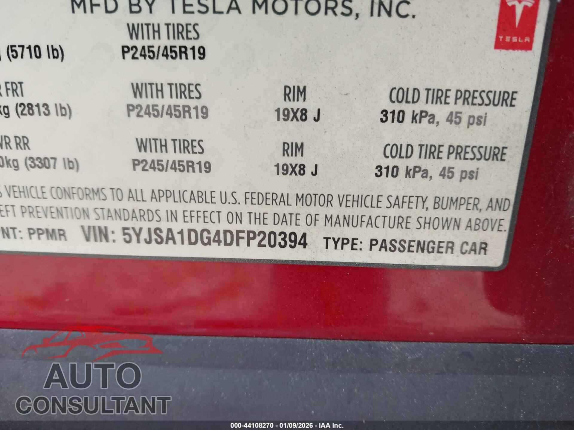 TESLA MODEL S 2013 - 5YJSA1DG4DFP20394