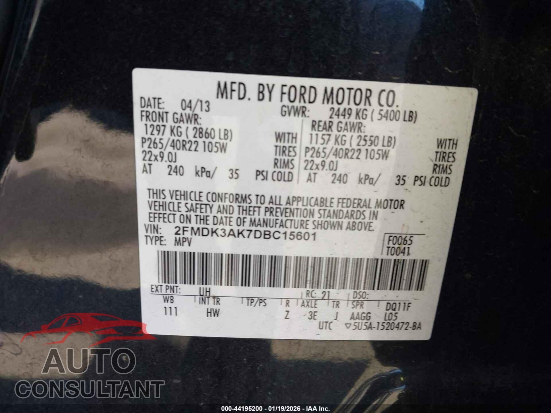 FORD EDGE 2013 - 2FMDK3AK7DBC15601