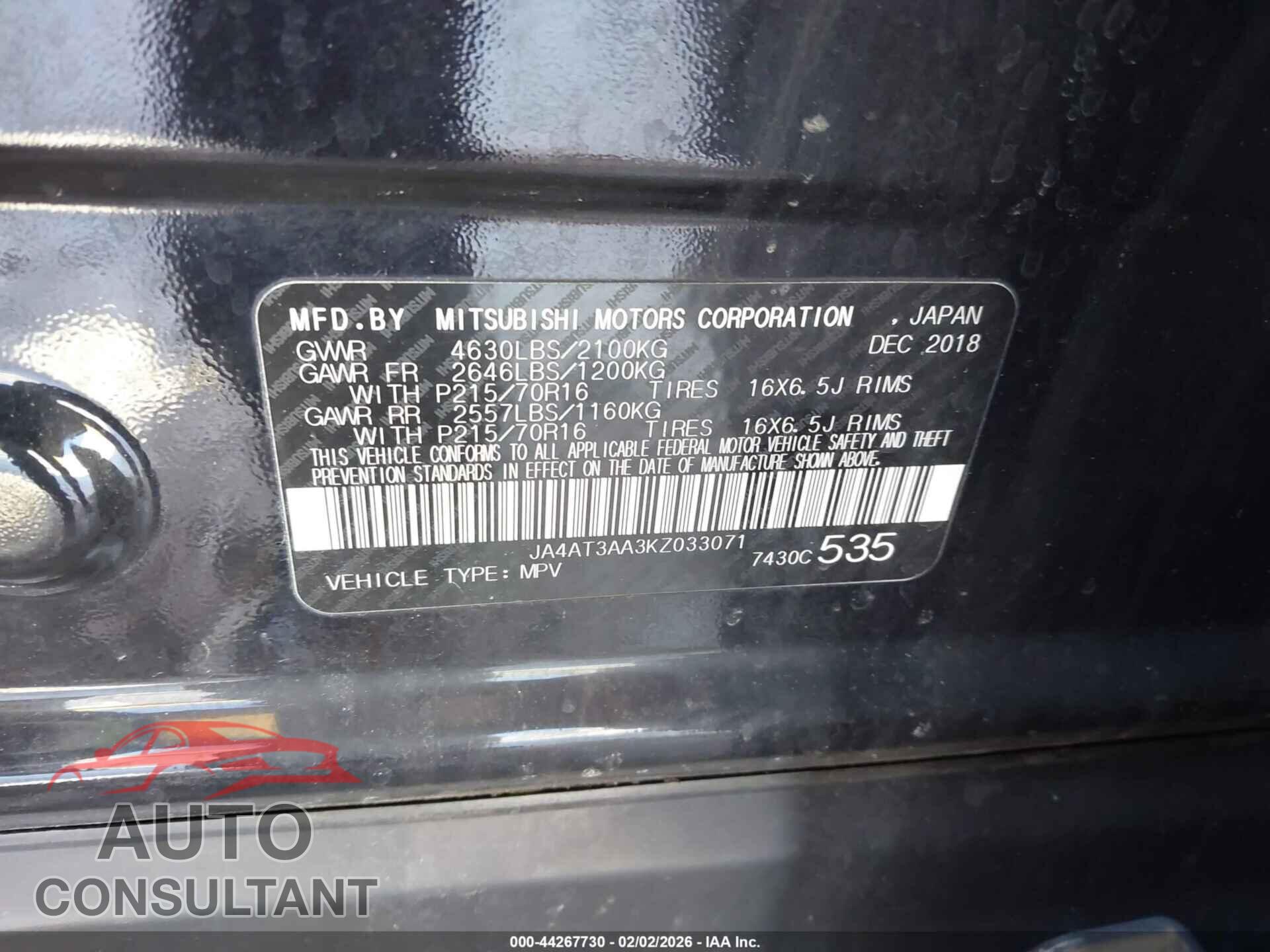 MITSUBISHI ECLIPSE CROSS 2019 - JA4AT3AA3KZ033071