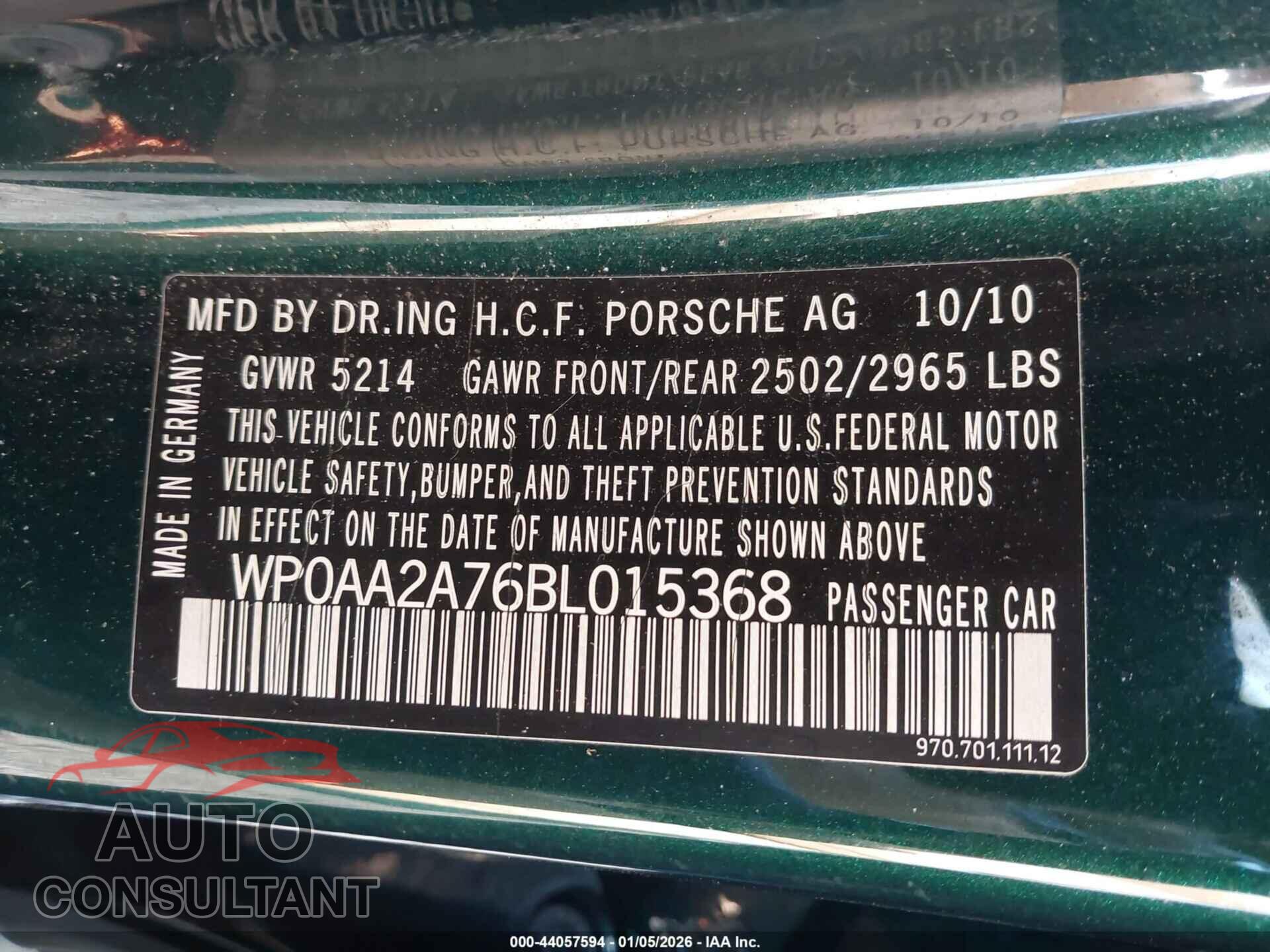 PORSCHE PANAMERA 2011 - WP0AA2A76BL015368