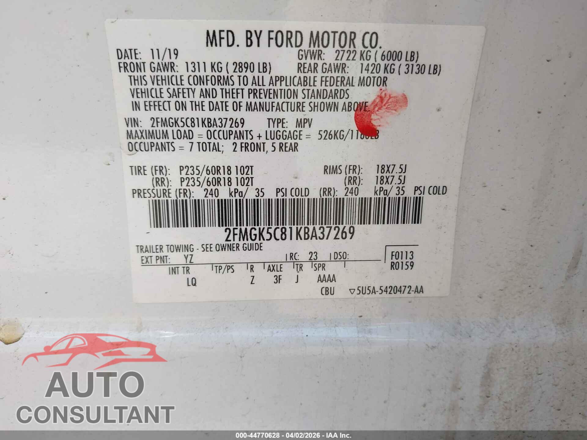 FORD FLEX 2019 - 2FMGK5C81KBA37269
