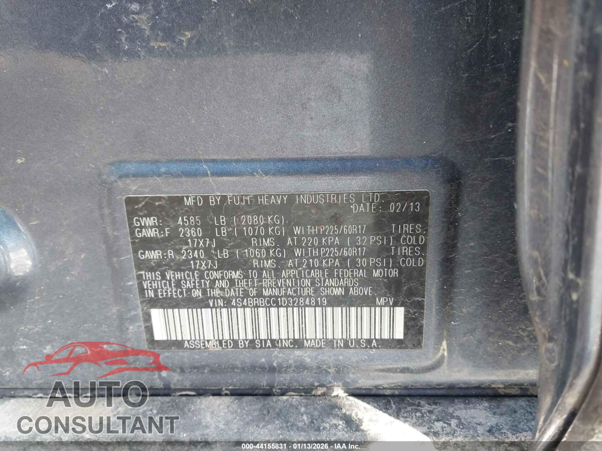 SUBARU OUTBACK 2013 - 4S4BRBCC1D3284819