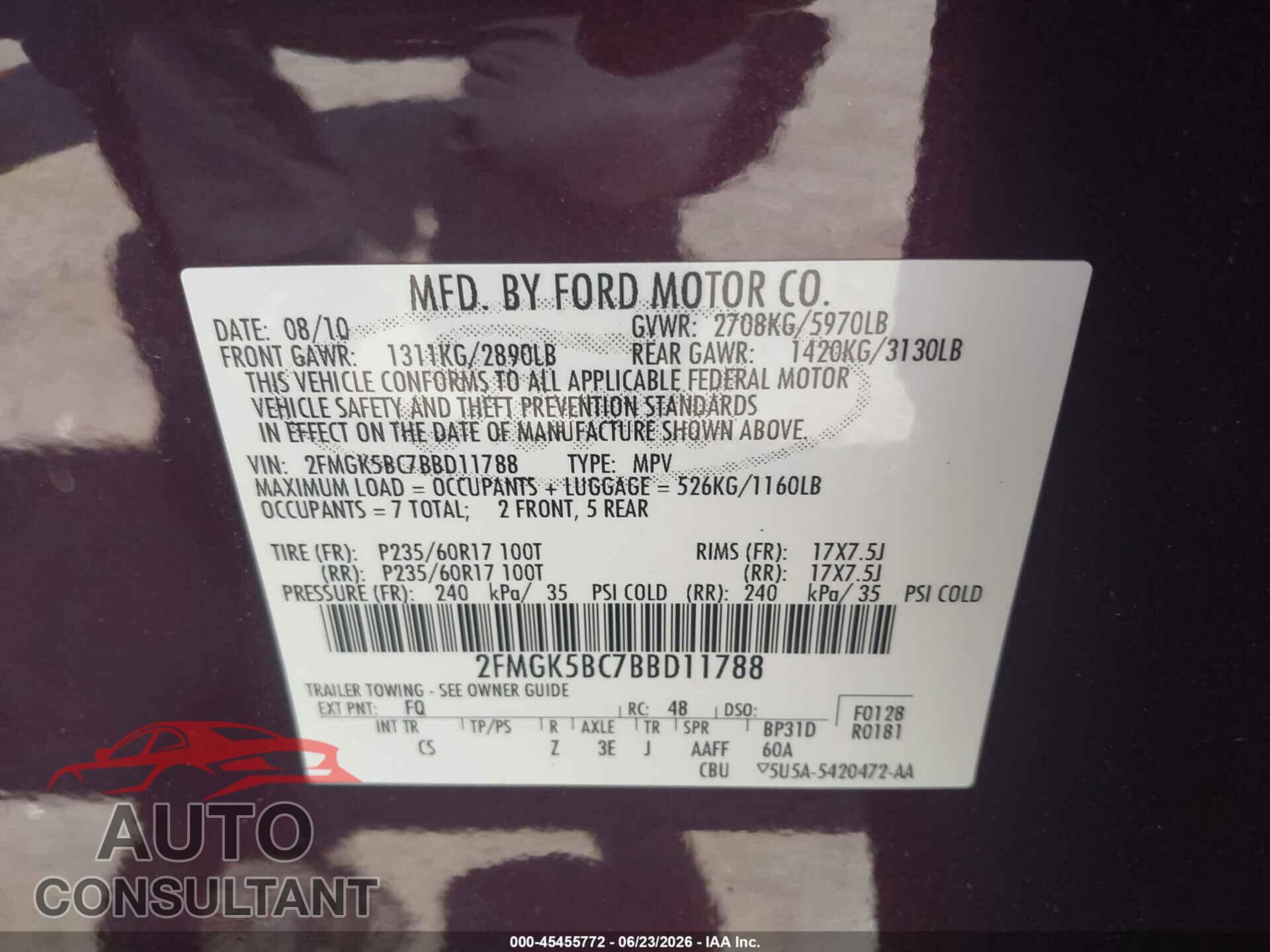 FORD FLEX 2011 - 2FMGK5BC7BBD11788