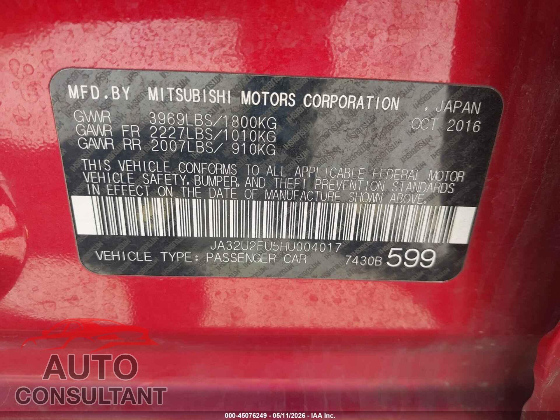 MITSUBISHI LANCER 2017 - JA32U2FU5HU004017