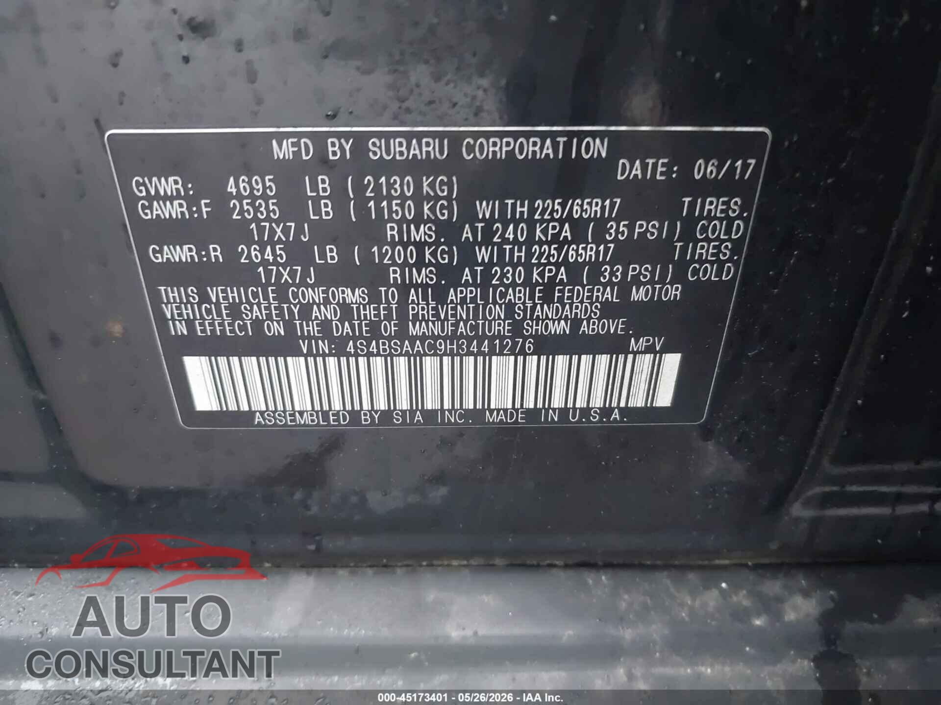 SUBARU OUTBACK 2017 - 4S4BSAAC9H3441276