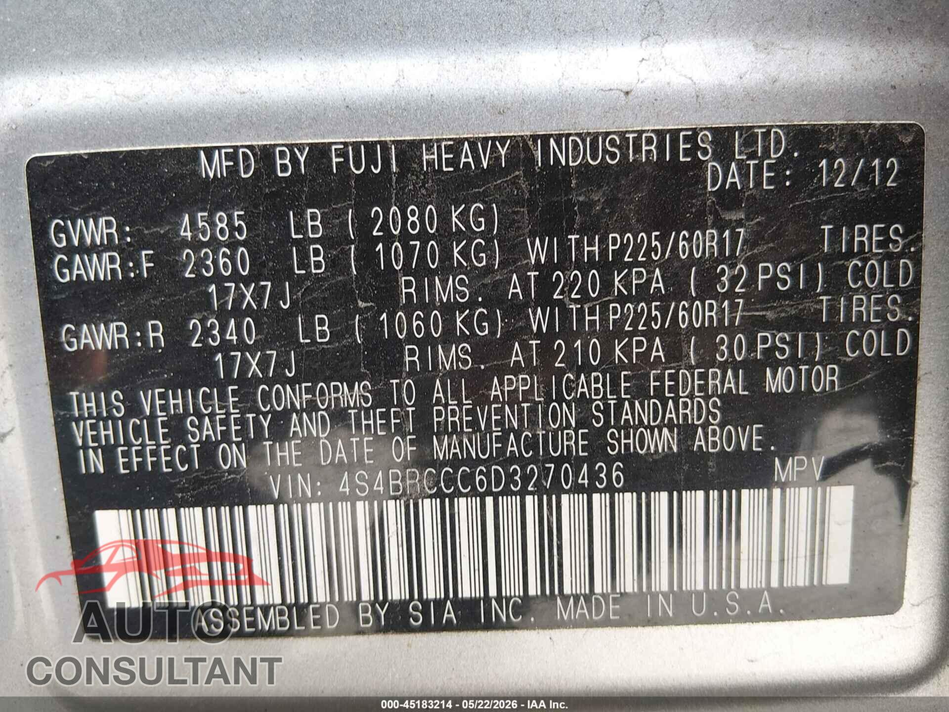 SUBARU OUTBACK 2013 - 4S4BRCCC6D3270436