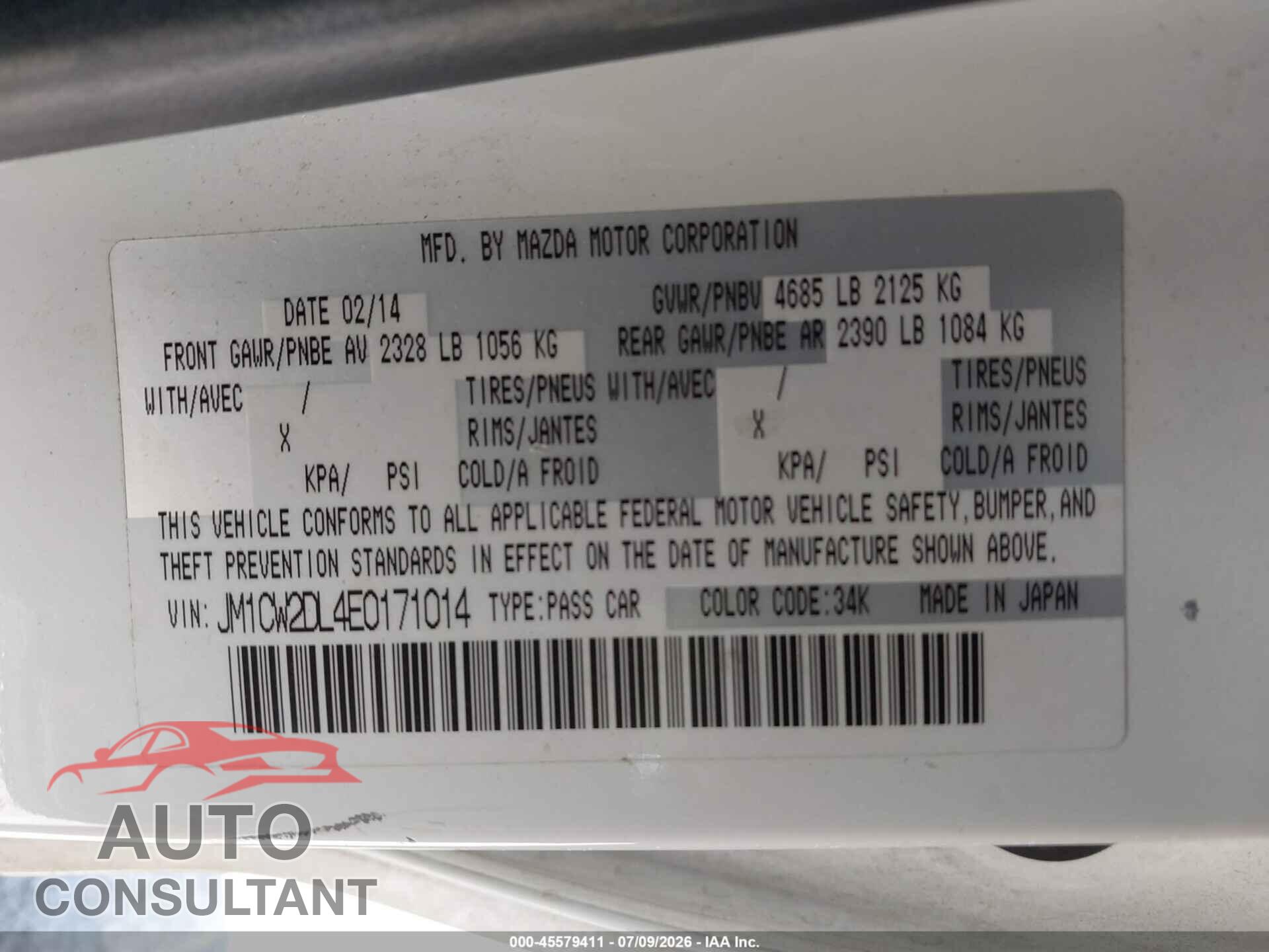 MAZDA MAZDA5 2014 - JM1CW2DL4E0171014