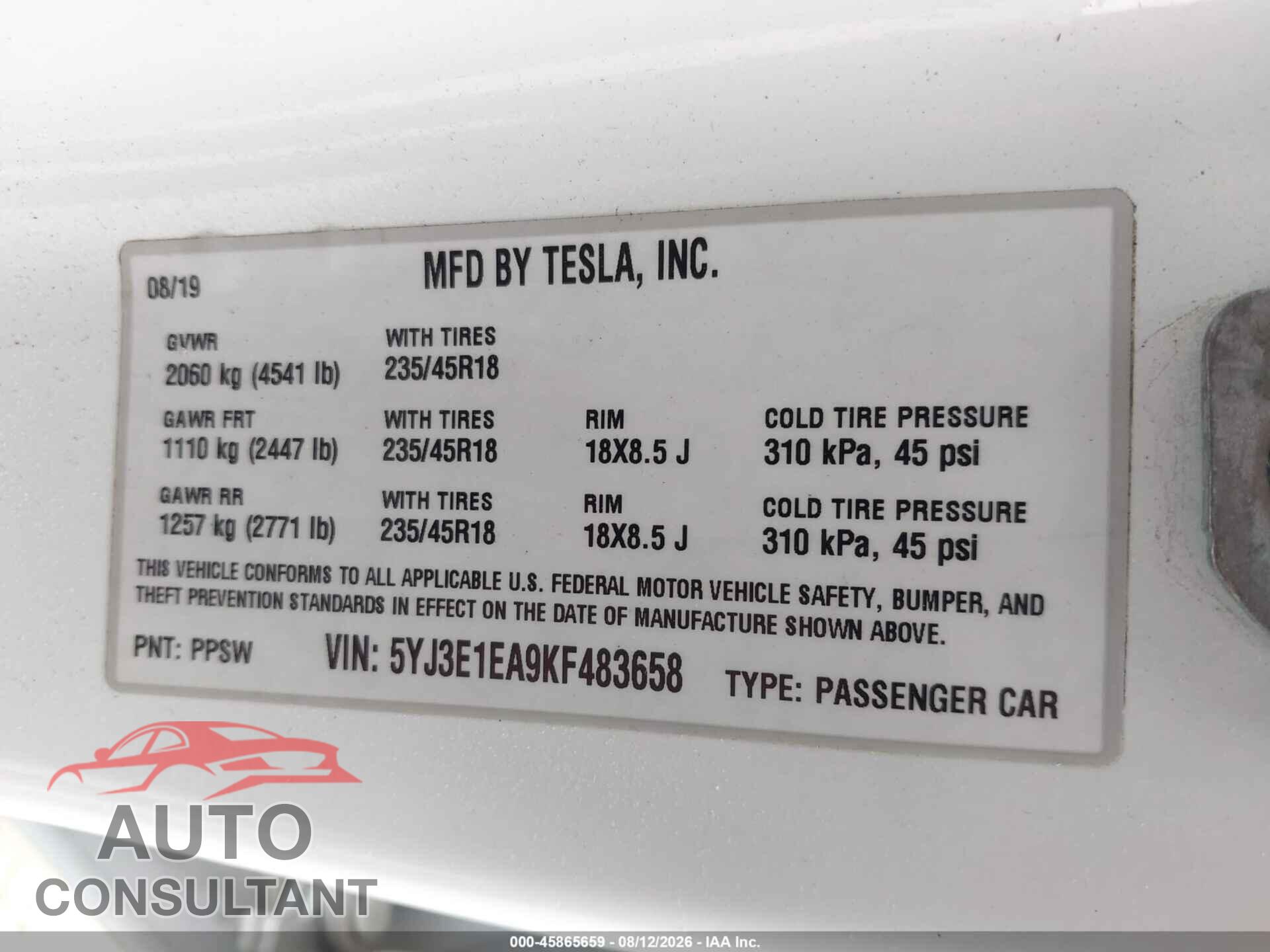 TESLA MODEL 3 2019 - 5YJ3E1EA9KF483658