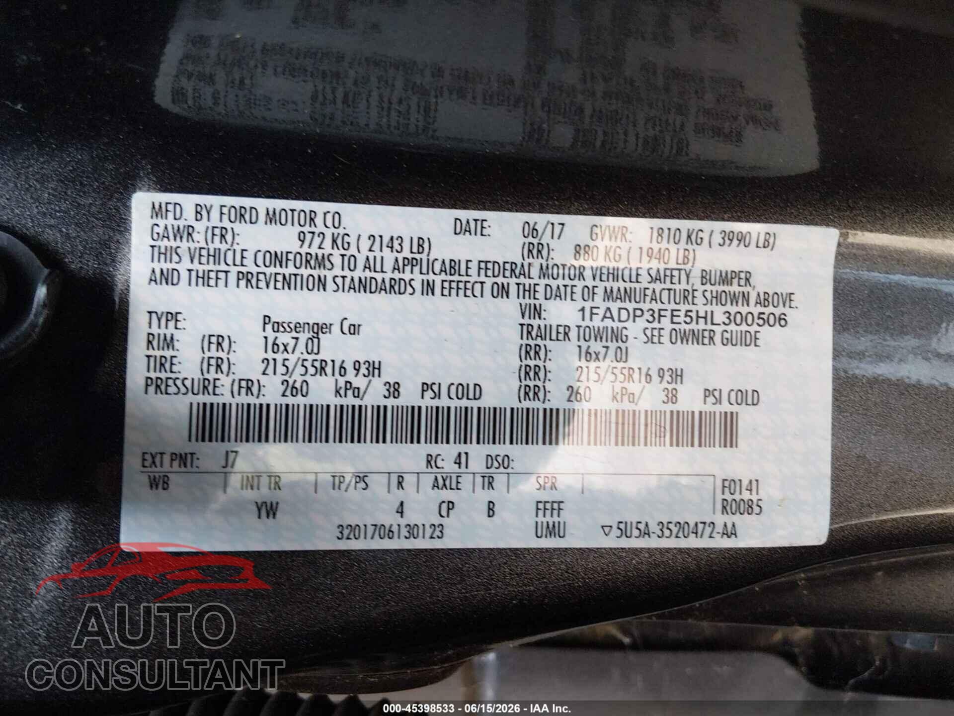 FORD FOCUS 2017 - 1FADP3FE5HL300506