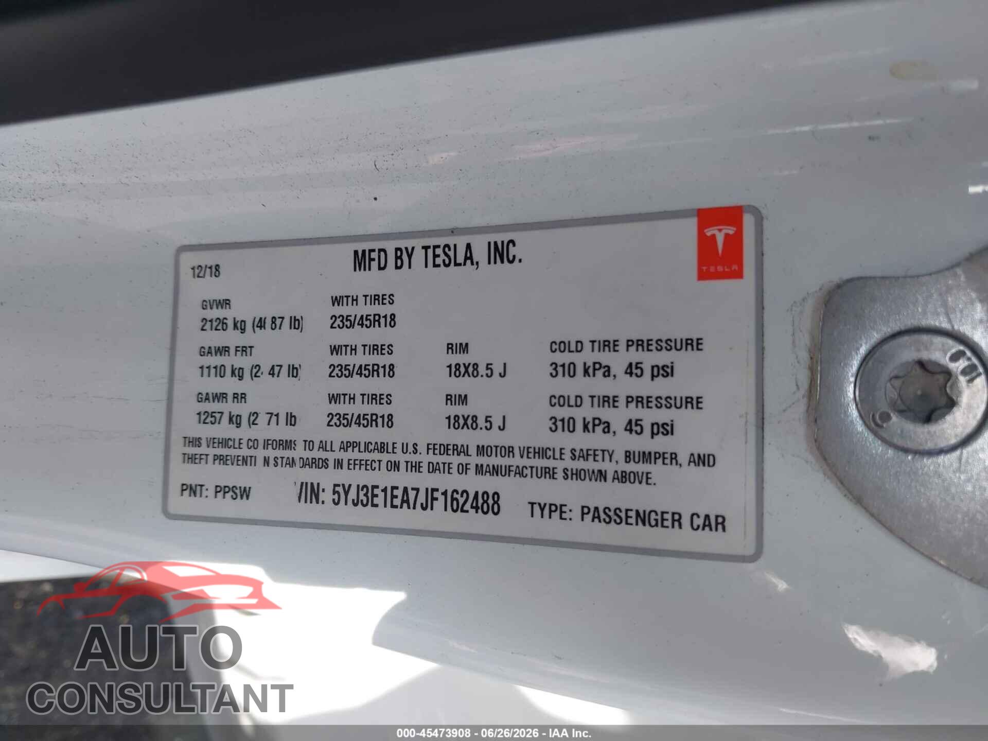 TESLA MODEL 3 2018 - 5YJ3E1EA7JF162488