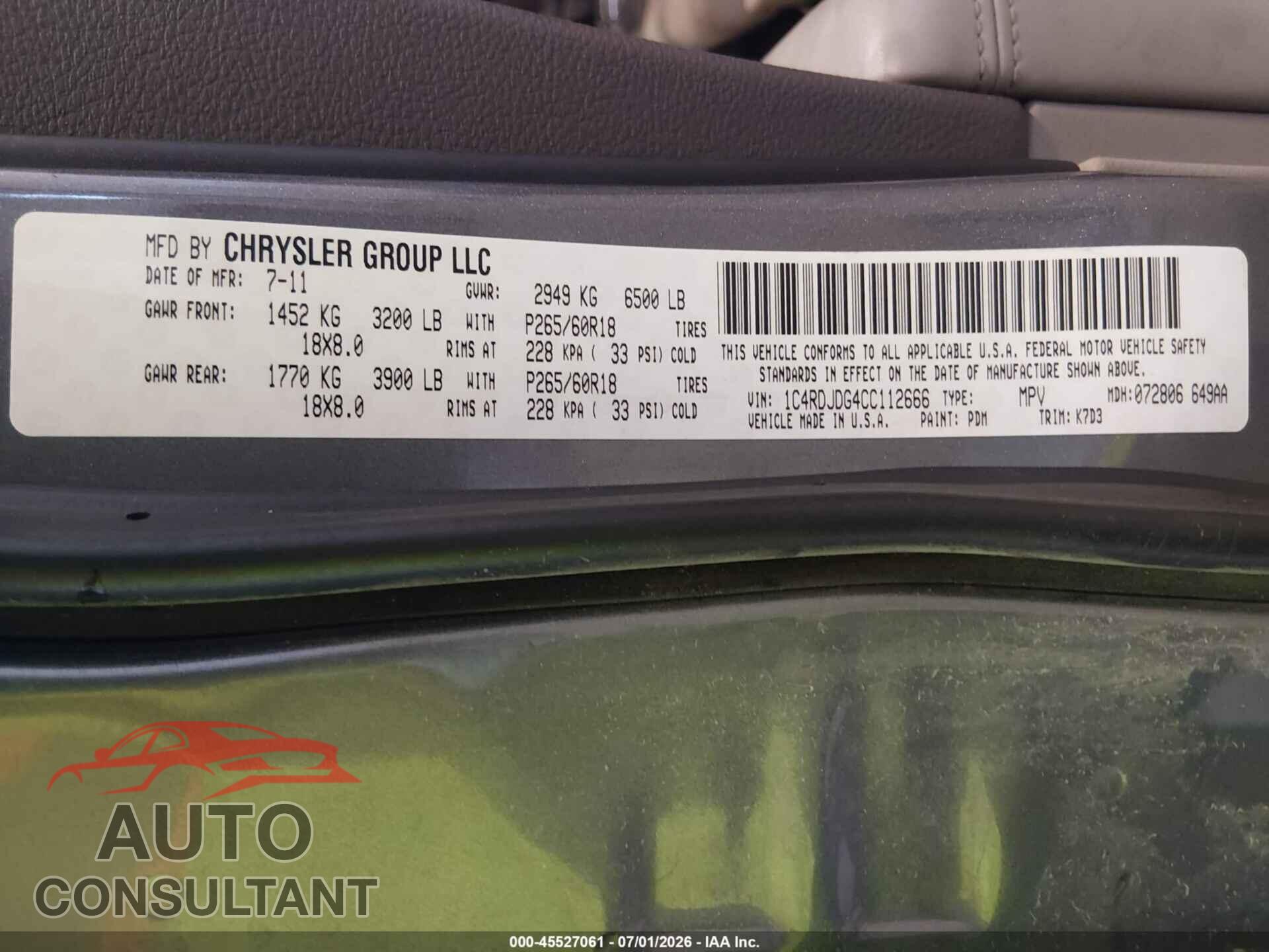 DODGE DURANGO 2012 - 1C4RDJDG4CC112666