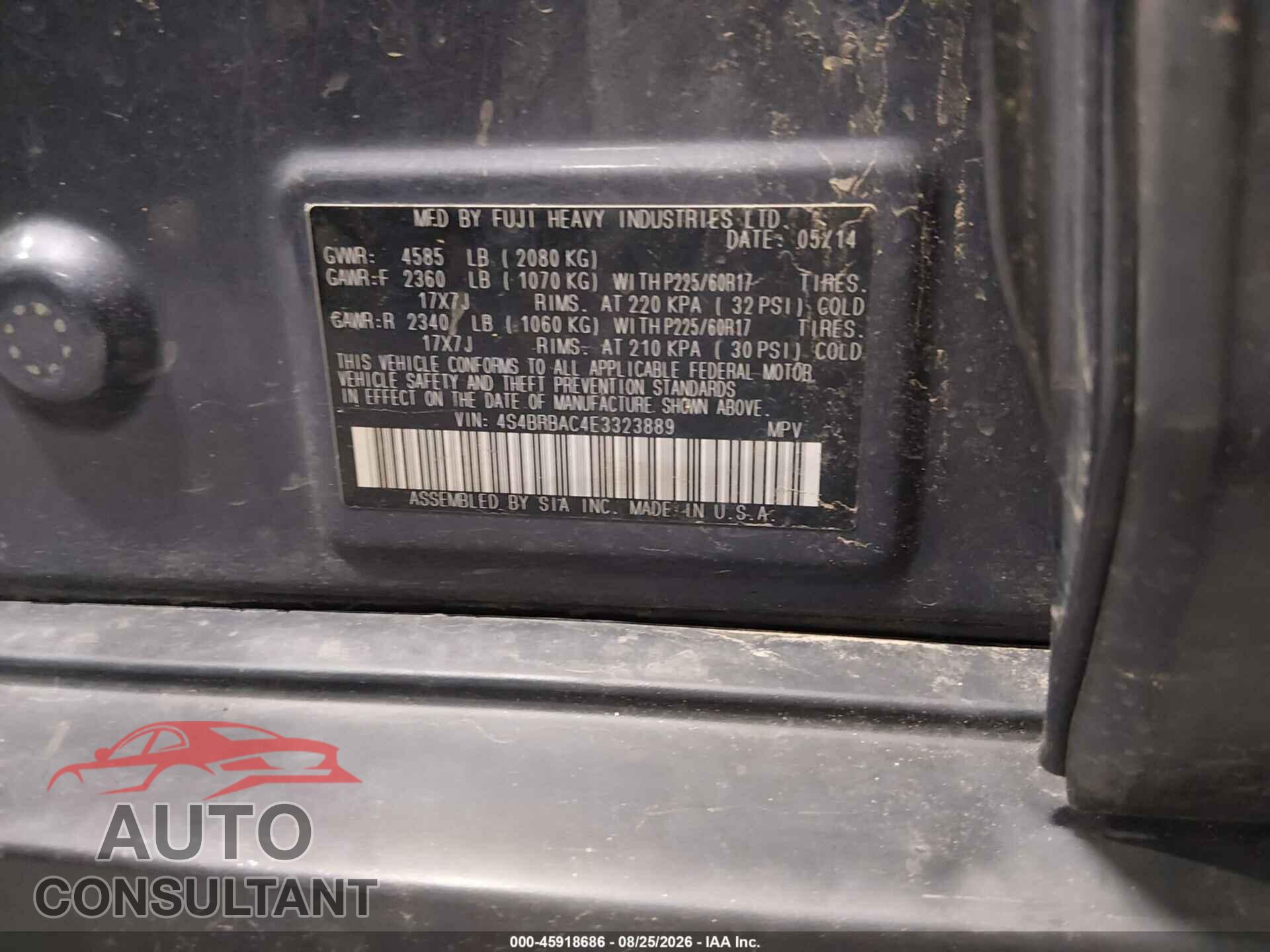 SUBARU OUTBACK 2014 - 4S4BRBAC4E3323889