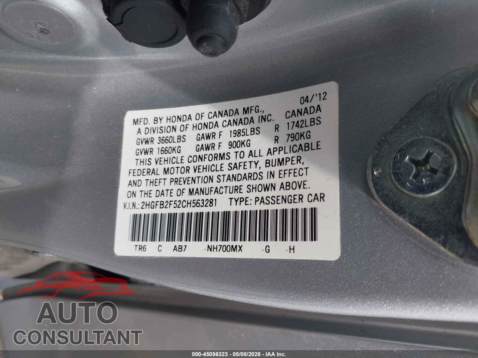 HONDA CIVIC 2012 - 2HGFB2F52CH563281